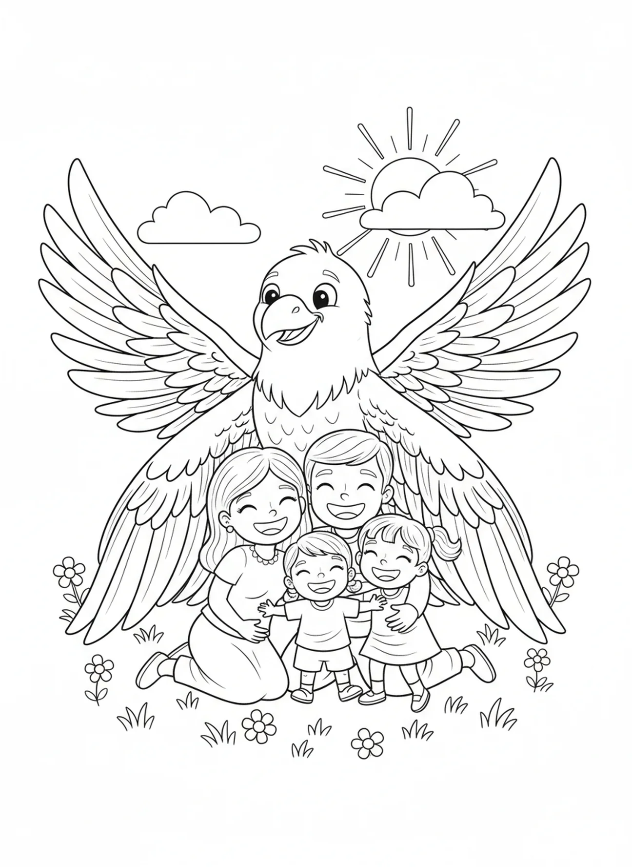 Familie versammelt sich unter den Flügeln eines Vogels, Psalm 91,4 Ausmalbild für Kinder im Alter von 5-10 Jahren