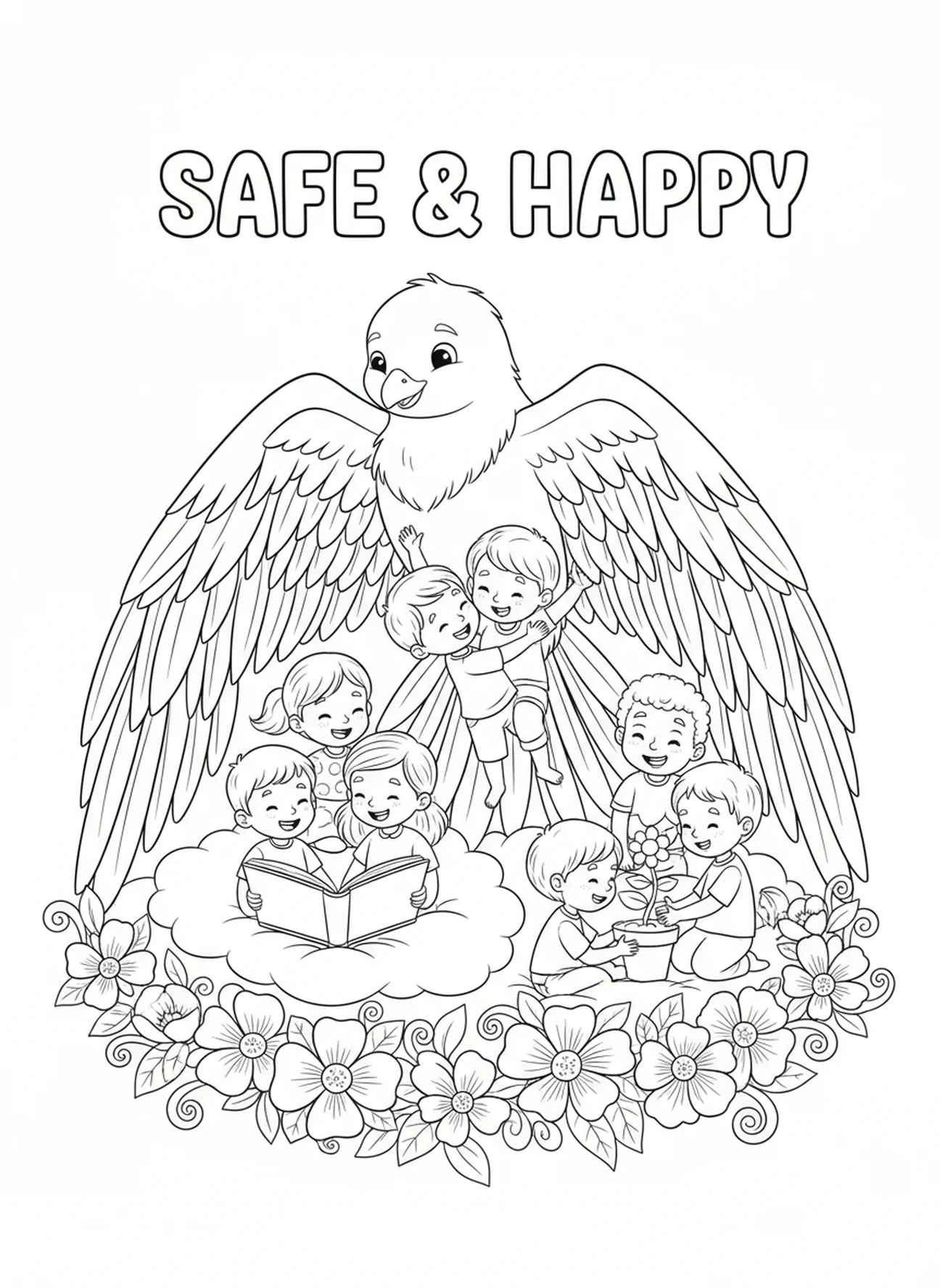 Kinder fühlen sich sicher unter den Flügeln eines Vogels, Psalm 91,4 Ausmalbild für Kinder im Alter von 5-10 Jahren