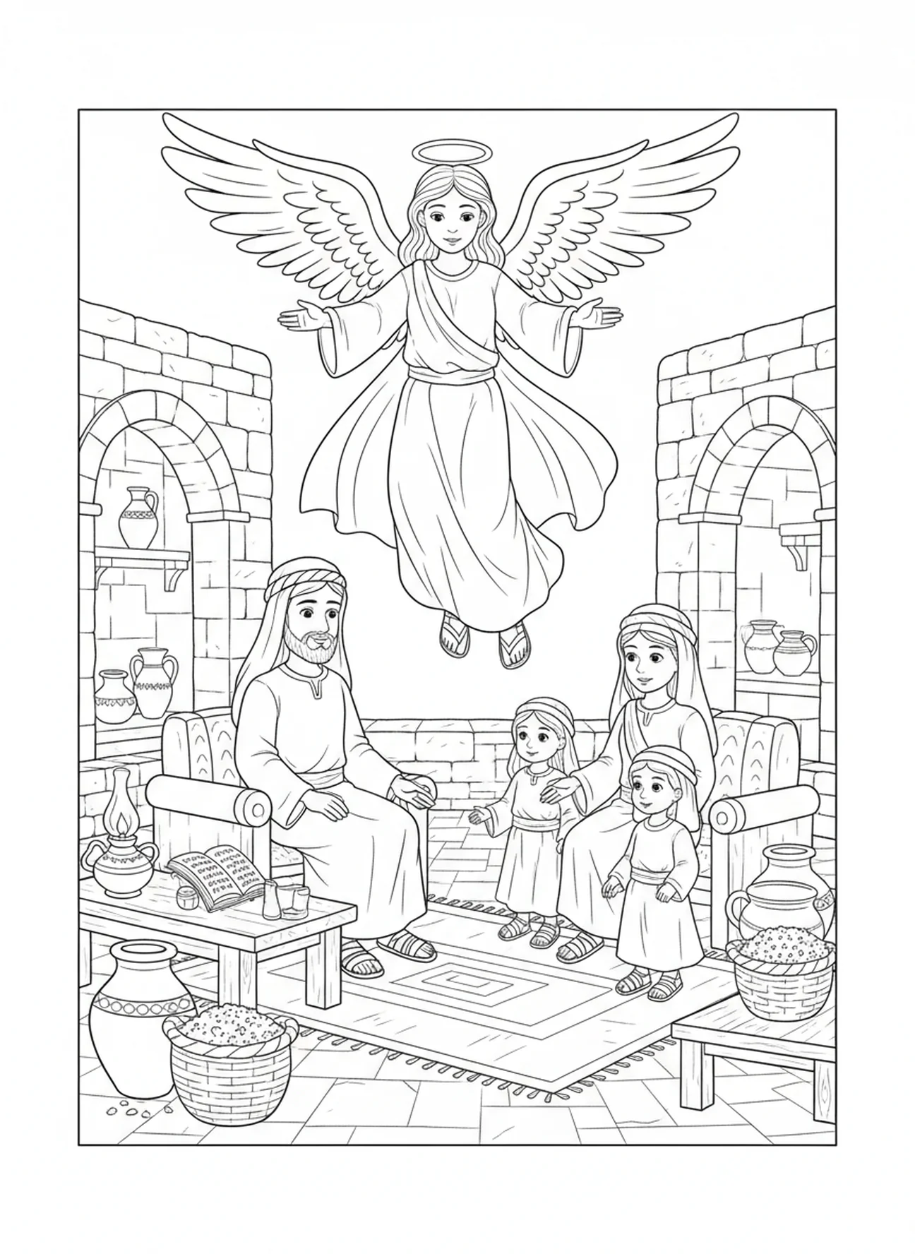 Un ange bénissant une famille à la maison, Psaume 91:4 page à colorier pour les enfants de l'École du dimanche âgés de 5 à 12 ans