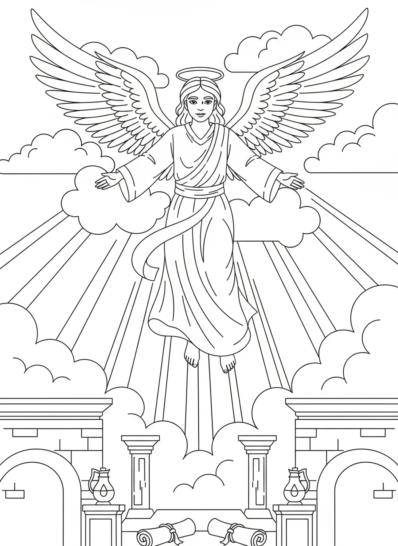 Un ange majestueux s'élevant dans le ciel, Psaume 91:4 Page à colorier sous les ailes pour les enfants de l'École du dimanche âgés de 5 à 12 ans