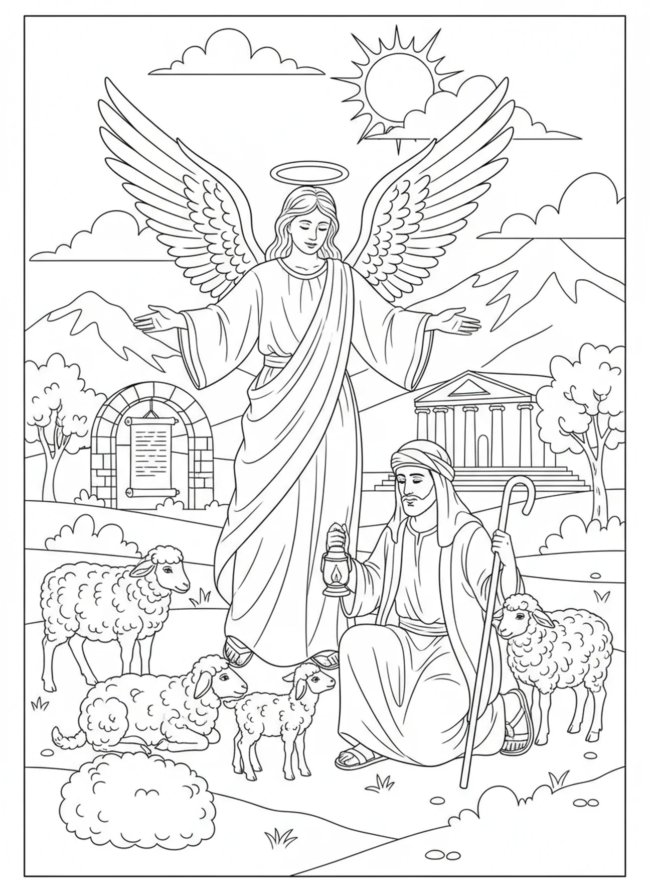 Un ange se tenant au-dessus d'un berger et de ses moutons, Psaume 91:4 Sous les ailes, page à colorier pour les enfants de l'École du dimanche âgés de 5 à 12 ans