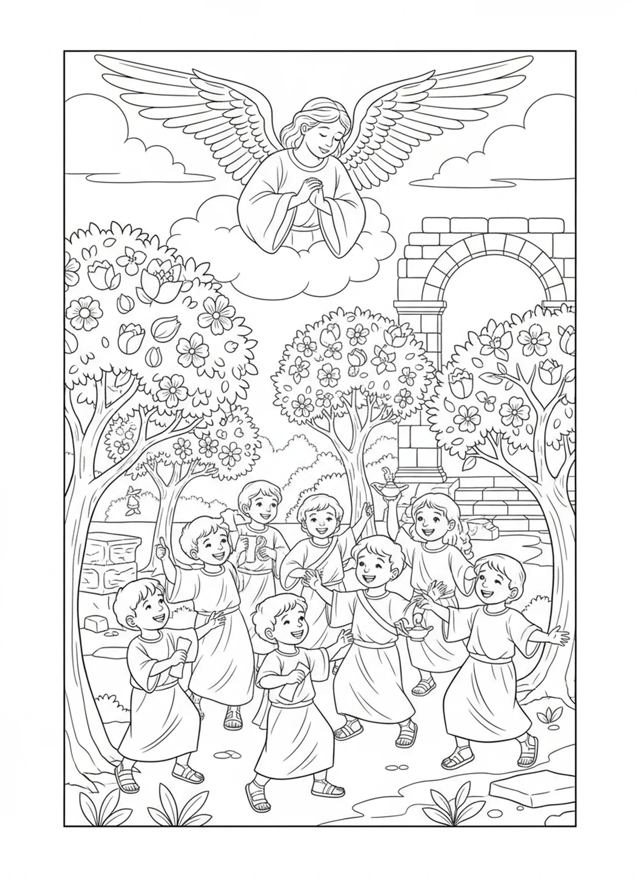 Un ange veillant sur des enfants jouant, Psaume 91:4 Sous les ailes, page à colorier pour l'École du dimanche enfants de 5 à 12 ans