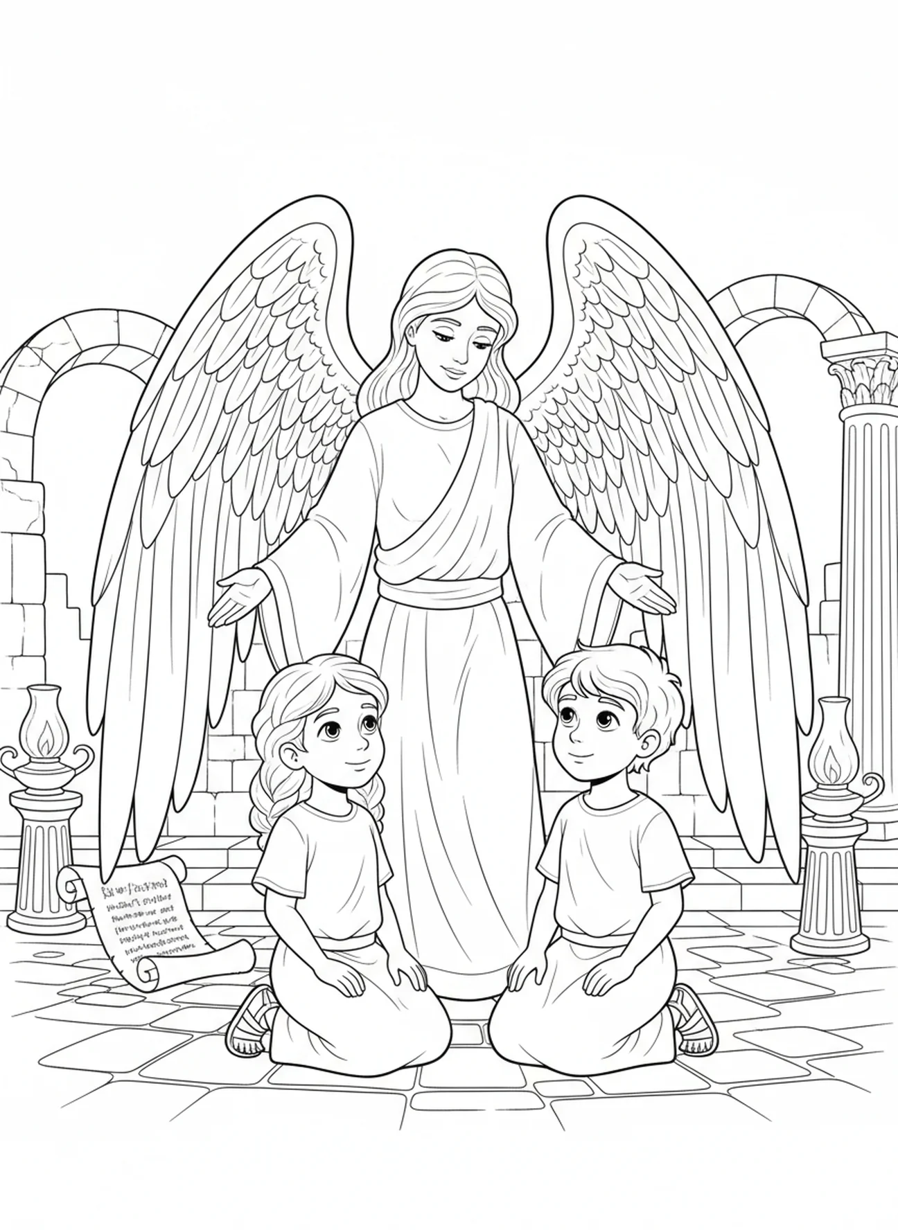 Enfants à genoux sous les ailes d'un ange, Psaume 91:4 Page à colorier sous les ailes pour l'École du dimanche, enfants de 5 à 12 ans