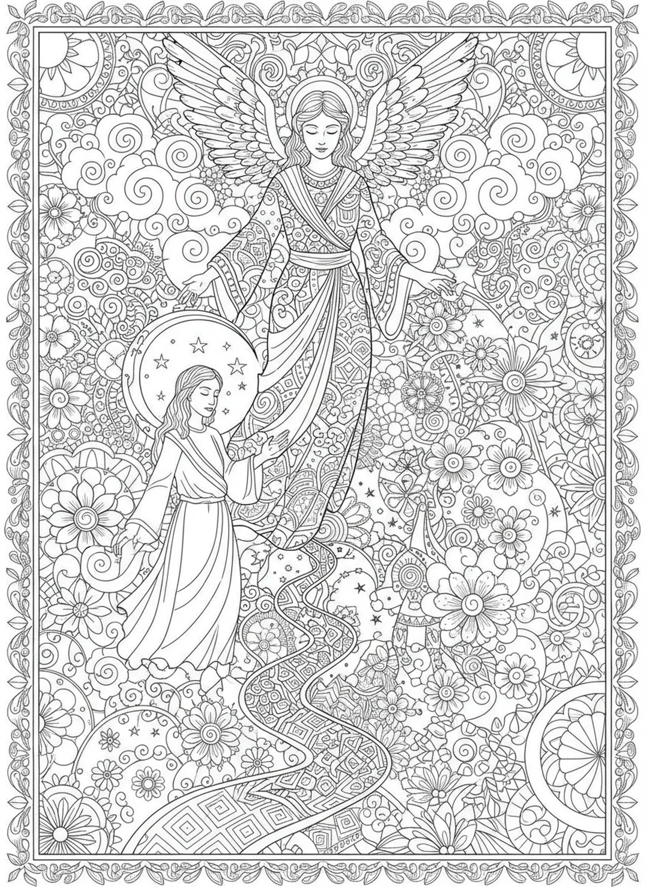 Ángel descendiendo del cielo, página para colorear del Salmo 91 en estilo de journaling bíblico para adultos
