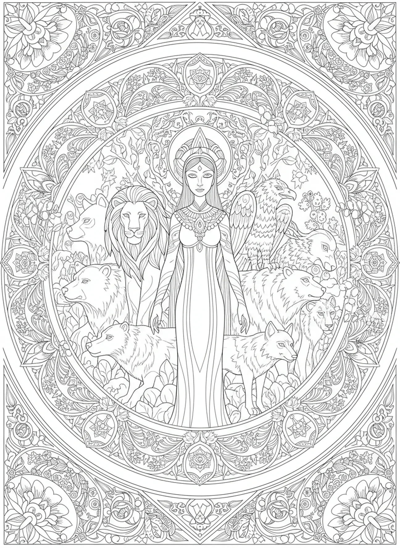 Figura valiente entre bestias salvajes, página para colorear del Salmo 91 estilo journaling bíblico para adultos