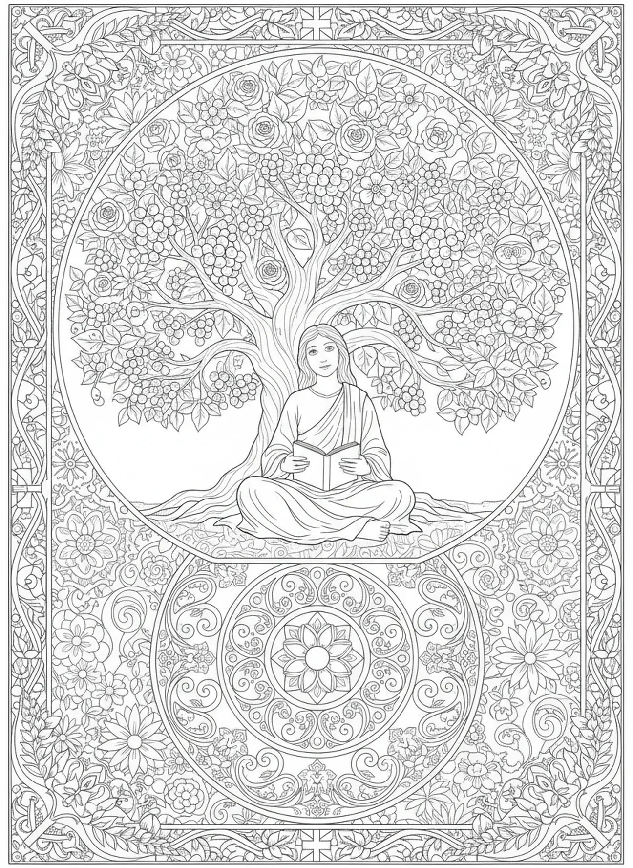 Figura serena bajo un árbol, página para colorear del Salmo 91 estilo journaling bíblico para adultos