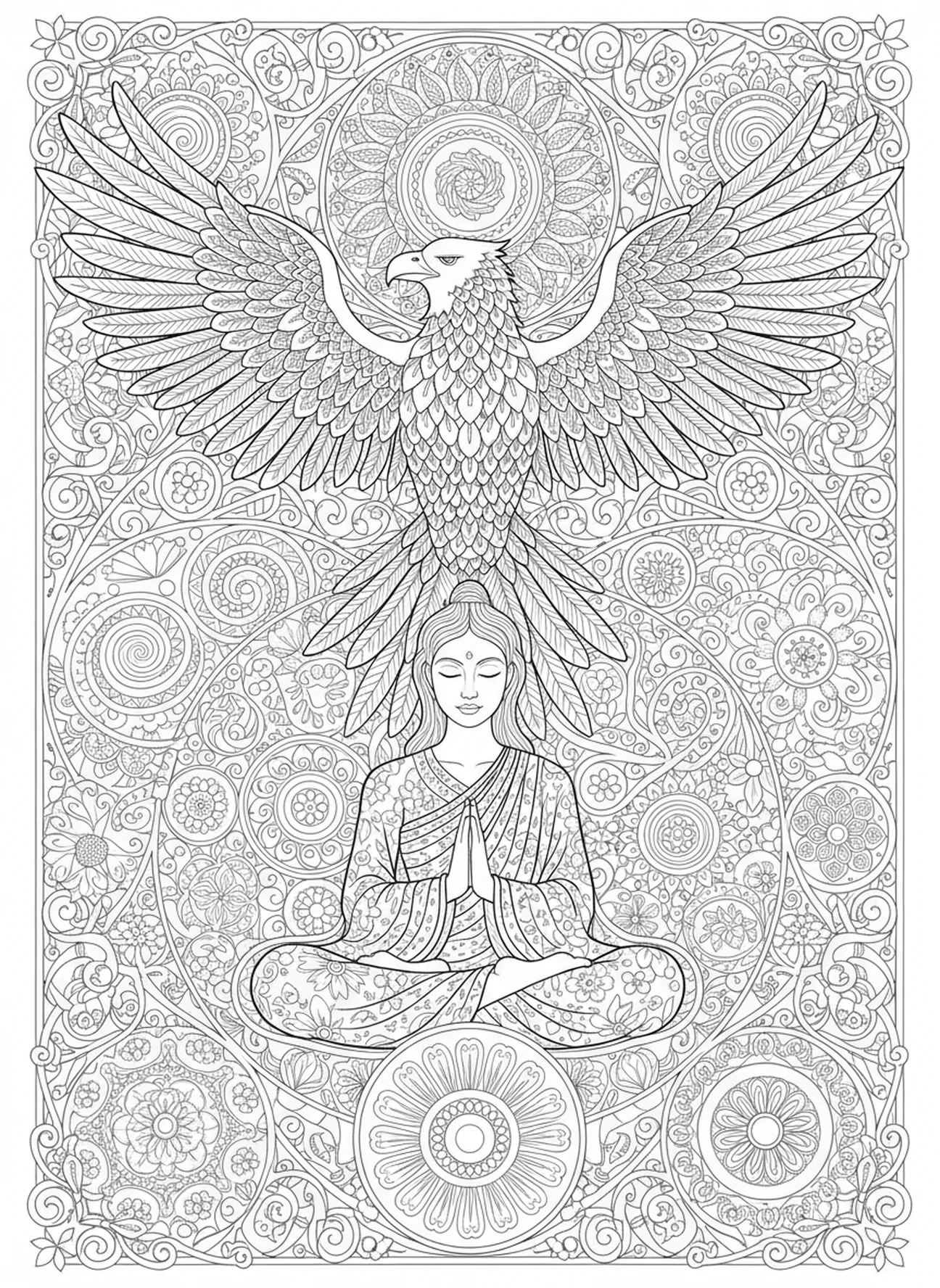 Pájaro majestuoso con alas extendidas, página para colorear del Salmo 91 estilo journaling bíblico para adultos