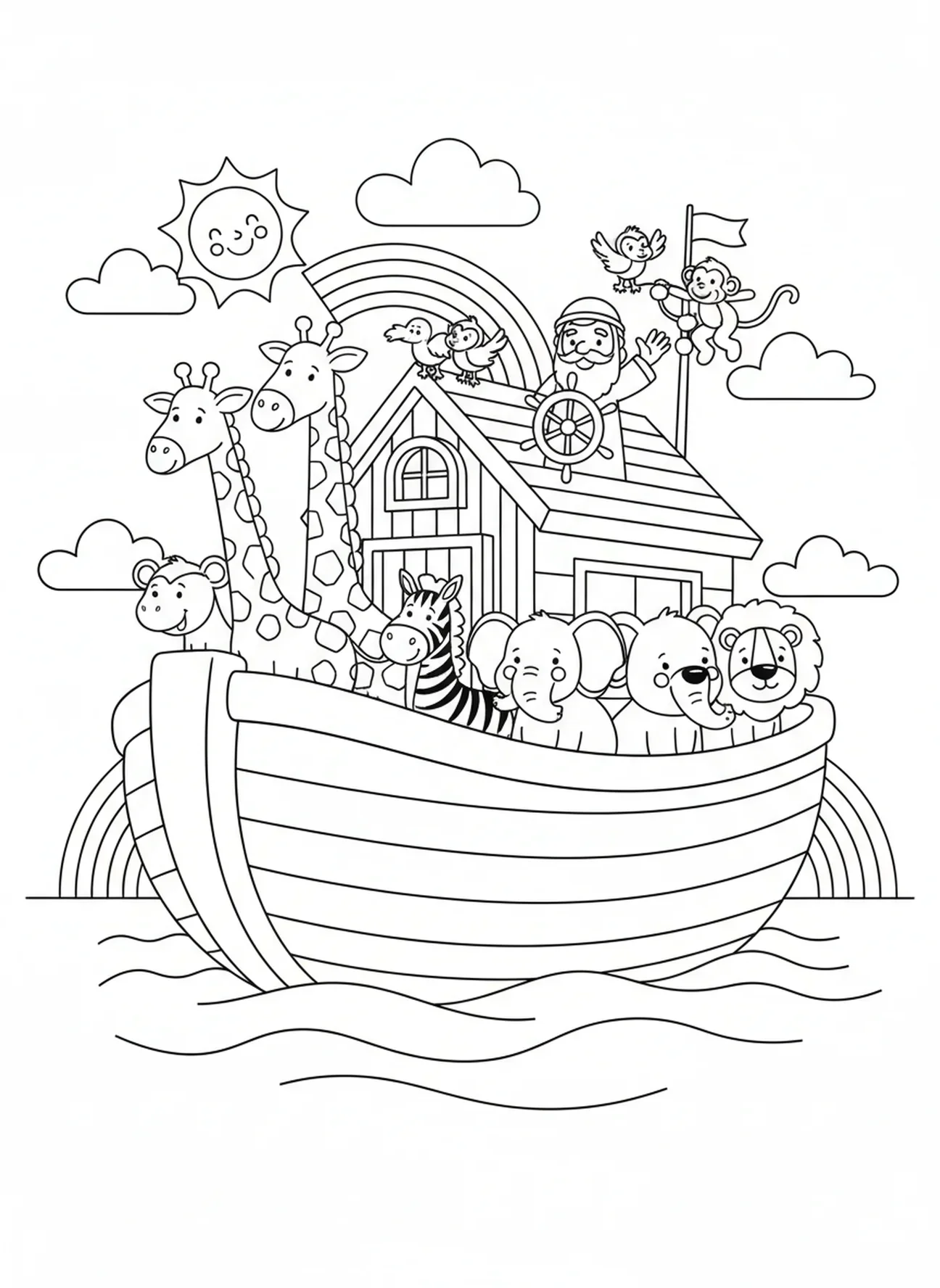 Arca flotando en aguas tranquilas con Noé y los animales, página para colorear de Salmo 91 para niños de 5 a 10 años