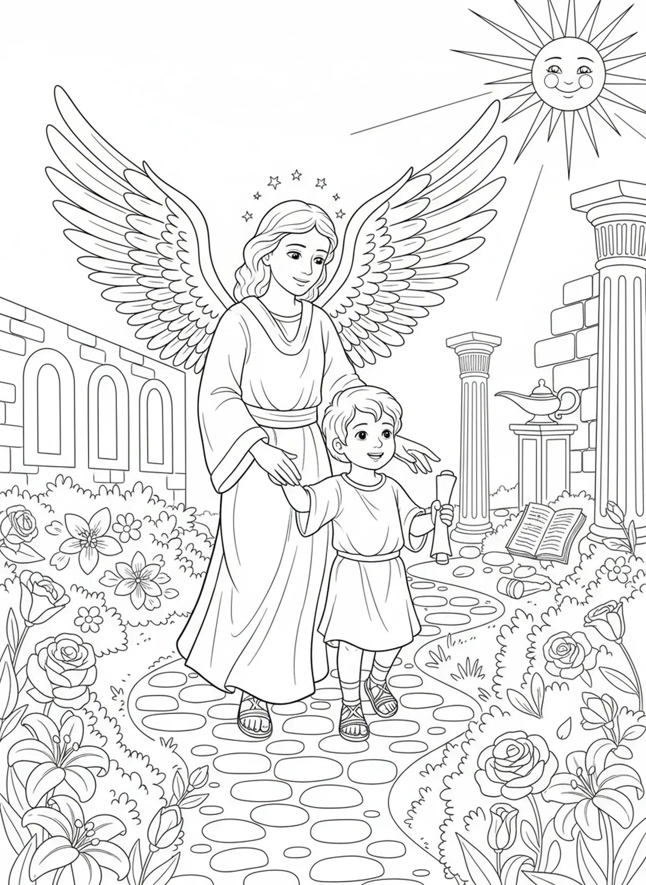 Anjo da guarda guiando criança, página para colorir Salmo 91 para crianças da Escola Dominical de 5 a 12 anos.