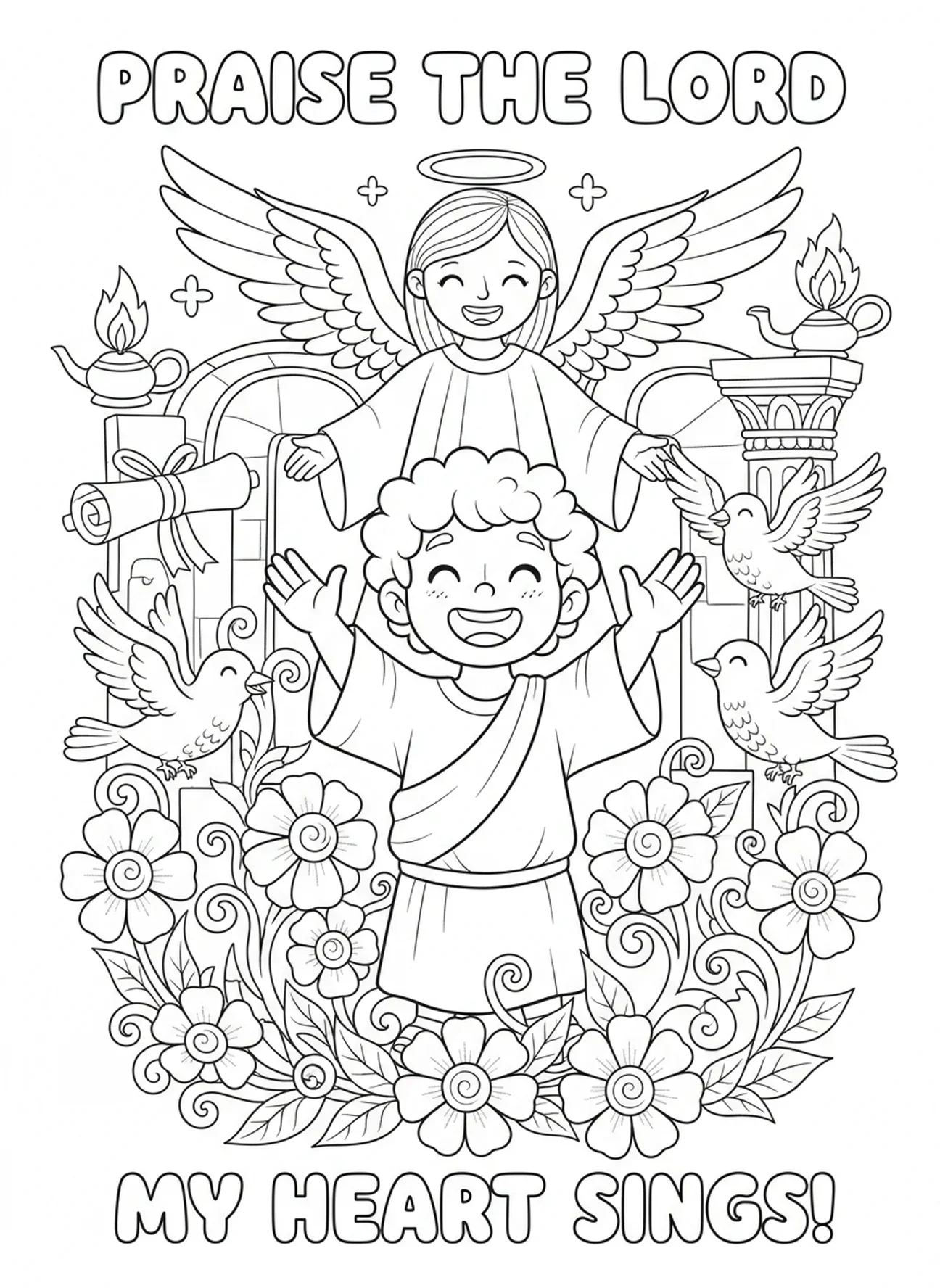 Criança louvando com anjo acima, página de colorir Salmo 91 para crianças da Escola Dominical de 5 a 12 anos.