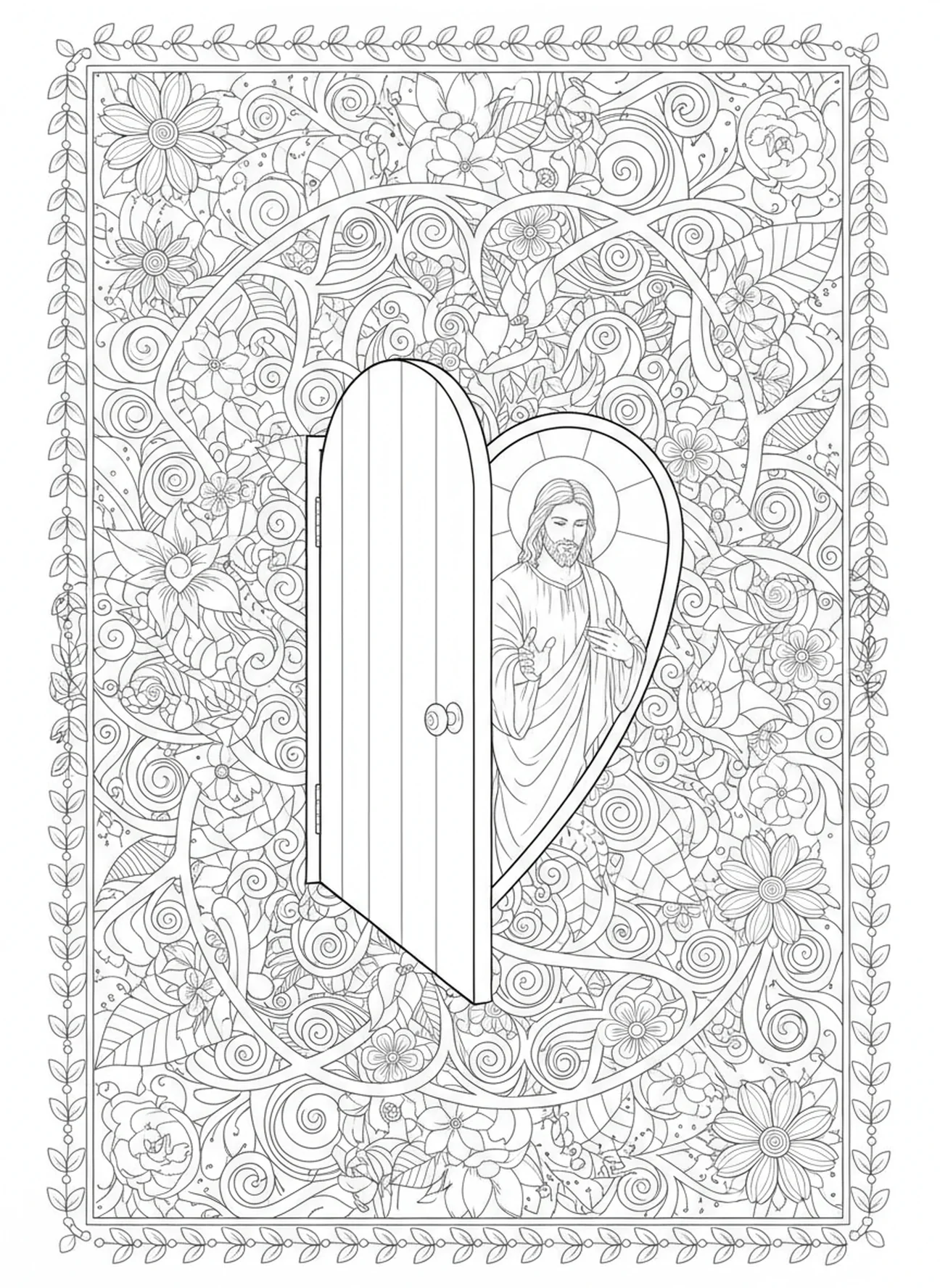 Herzförmige Türöffnung, Offenbarung 3, 20 Ausmalbild für Erwachsene im Bibel-Journaling-Stil