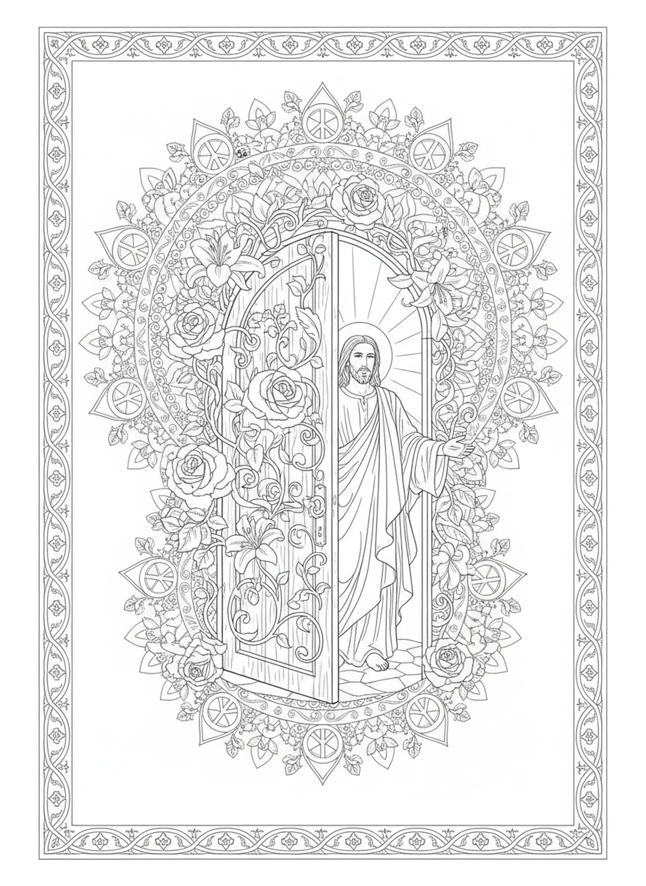 Geschmückte Tür mit Jesus, der einlädt, Offenbarung 3,20 Tür Stand Malvorlage für Erwachsene im Bibel-Journaling-Stil