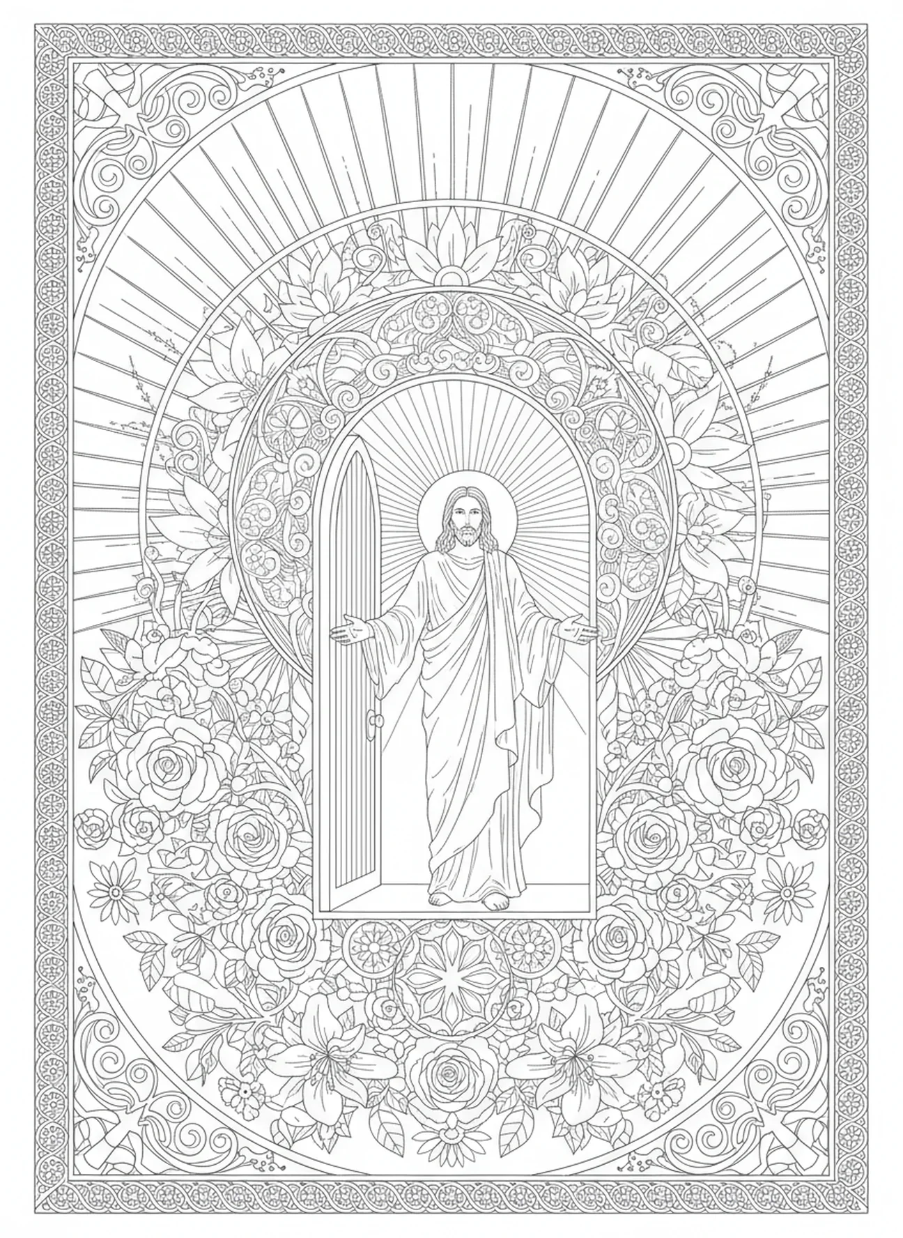 Offene Tür mit Licht, Offenbarung 3,20 Stand an der Tür Ausmalbild für Erwachsene im Bibel-Journaling-Stil