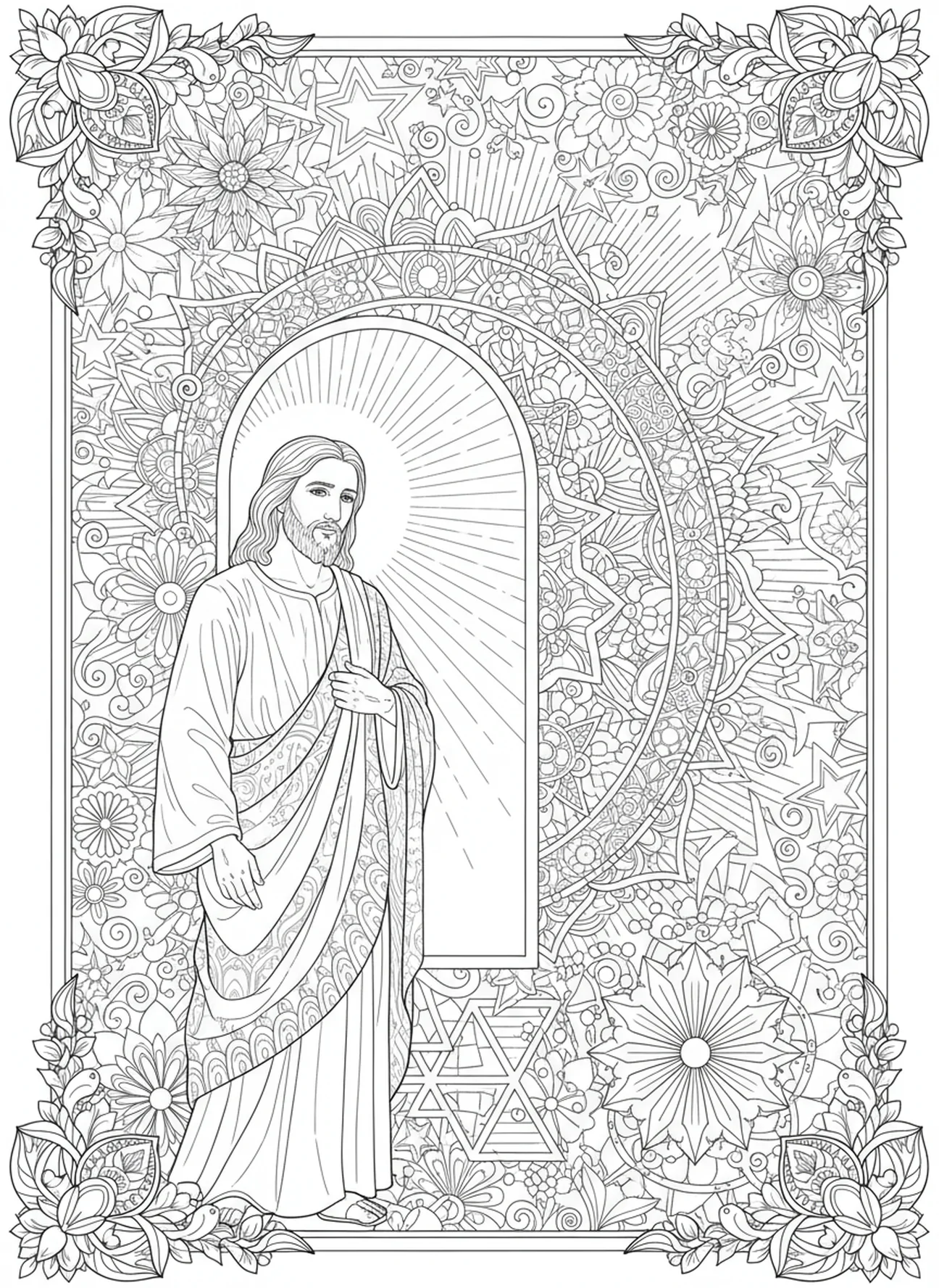 Leuchtende Tür mit Jesus, Offenbarung 3,20 Stehe an der Tür Ausmalbild für Erwachsene im Bibel-Journaling-Stil