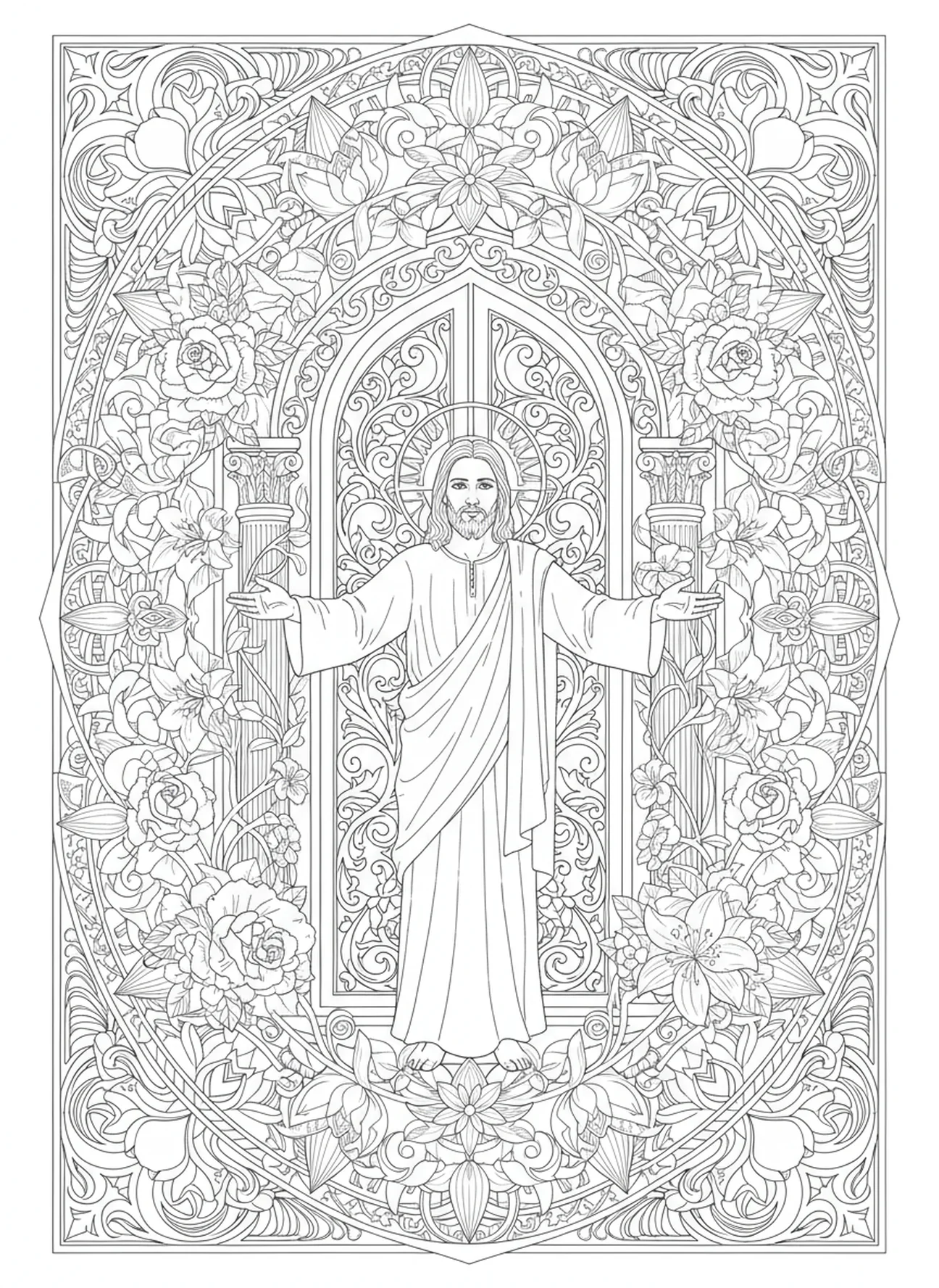 Jesus mit offenen Armen an der Tür, Offenbarung 3,20 Ausmalbild für Erwachsene im Stil des Bibeljournaling