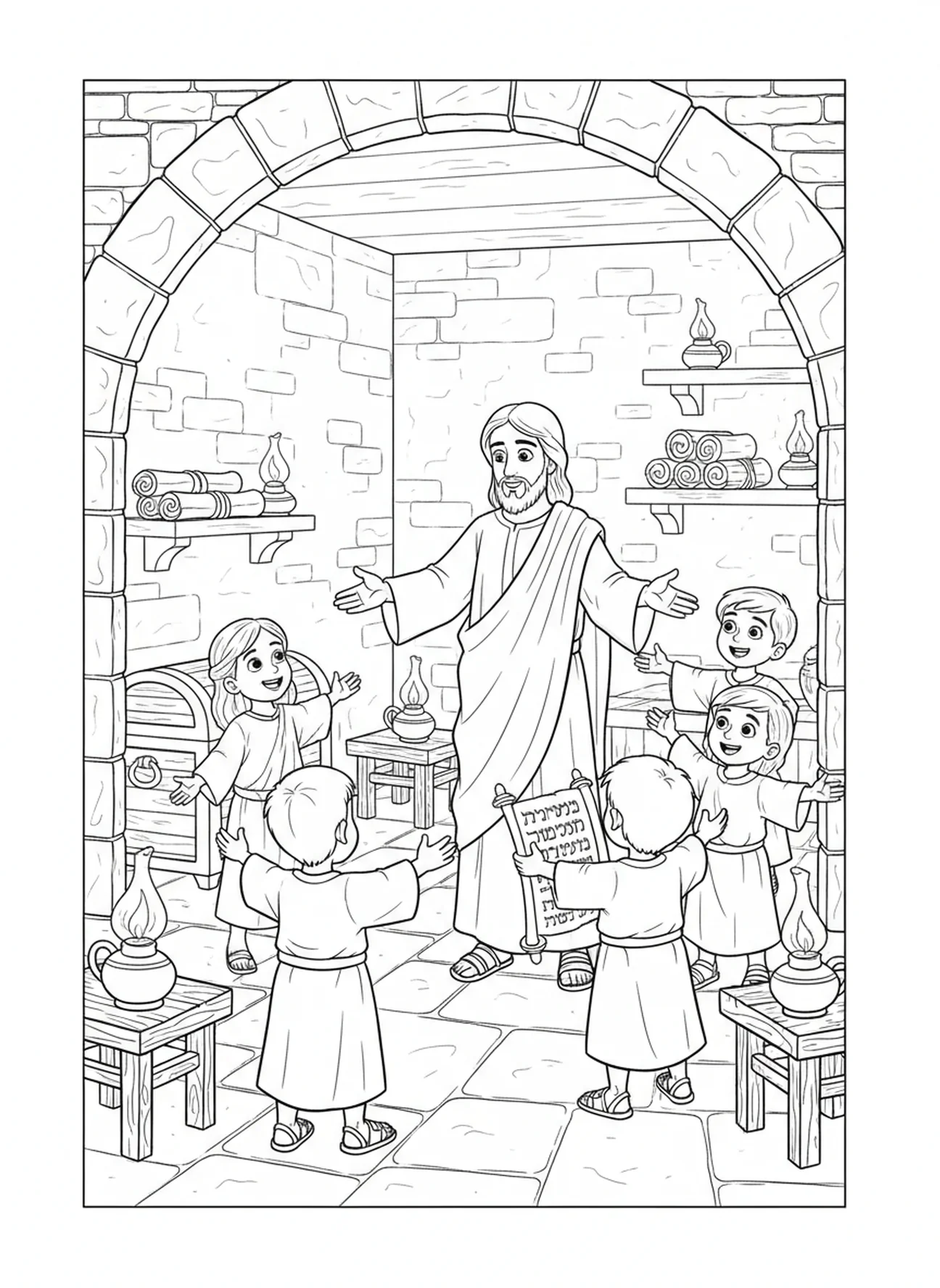 Crianças recebendo Jesus, Apocalipse 3:20 Página para colorir para a Escola Dominical crianças de 5 a 12 anos.