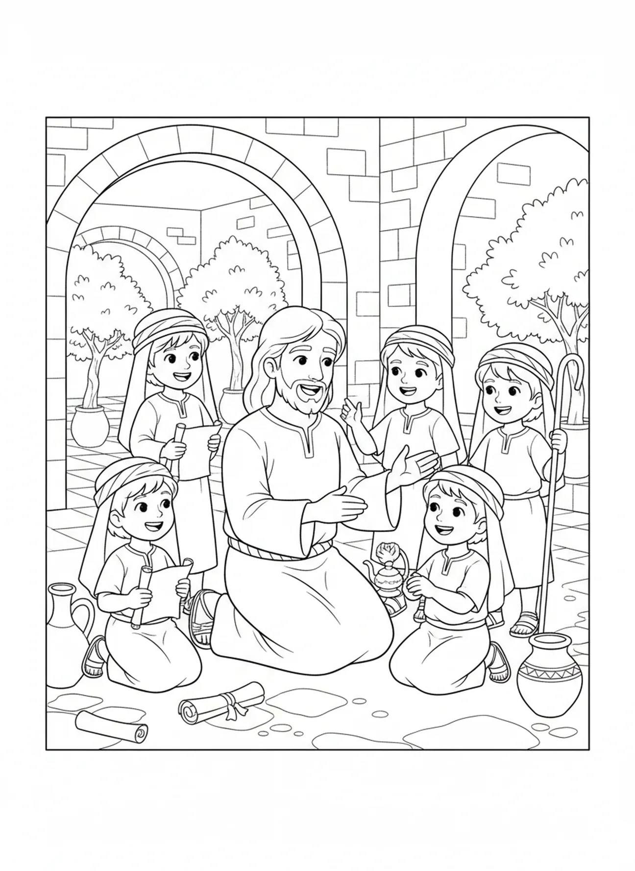Jesus abençoando crianças, Apocalipse 3:20 Página para colorir para a Escola Dominical crianças de 5 a 12 anos.