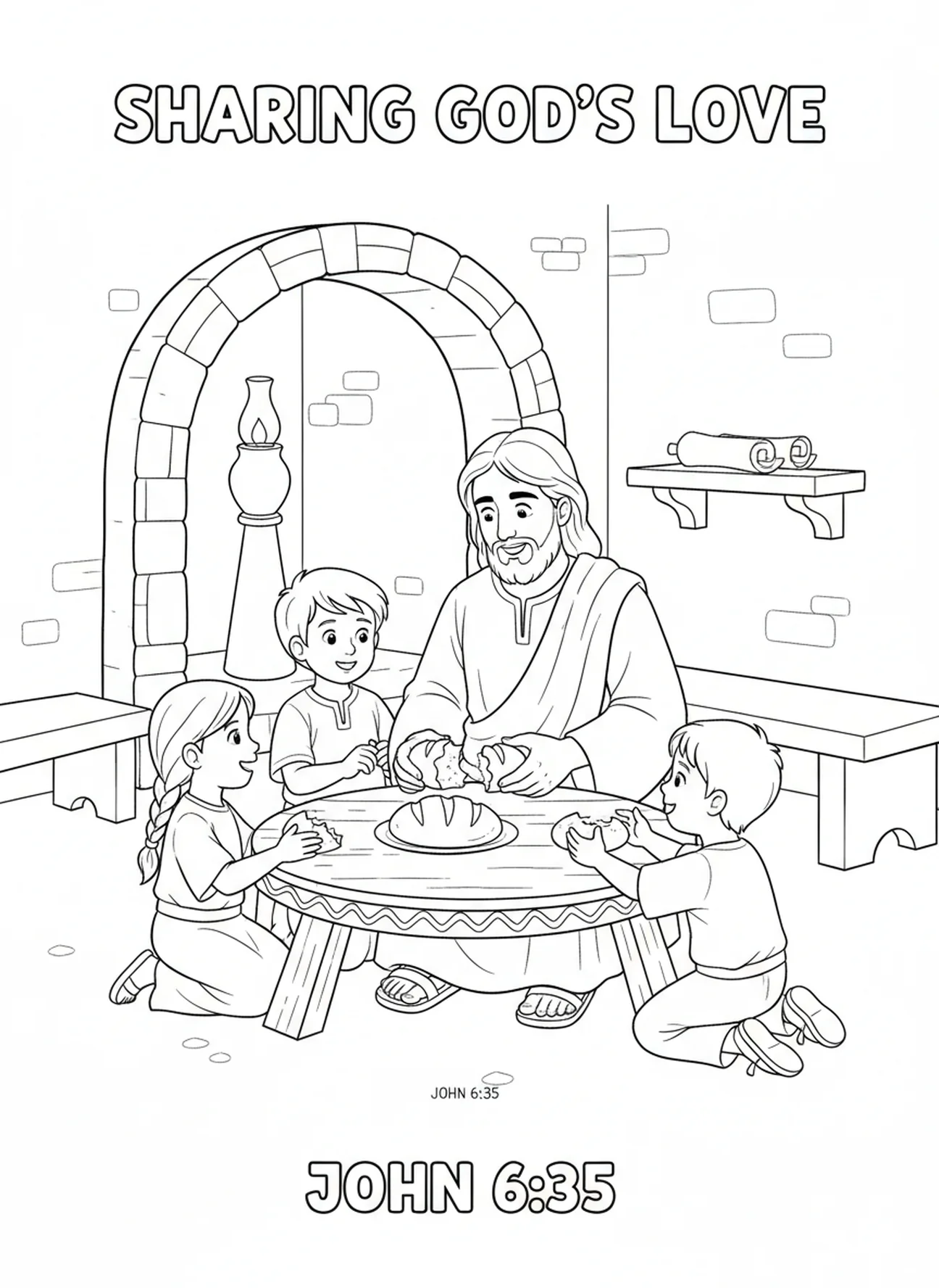Jesus compartilhando pão, Apocalipse 3:20 Página para colorir sobre 'Fique à Porta' para crianças da Escola Dominical de 5 a 12 anos.