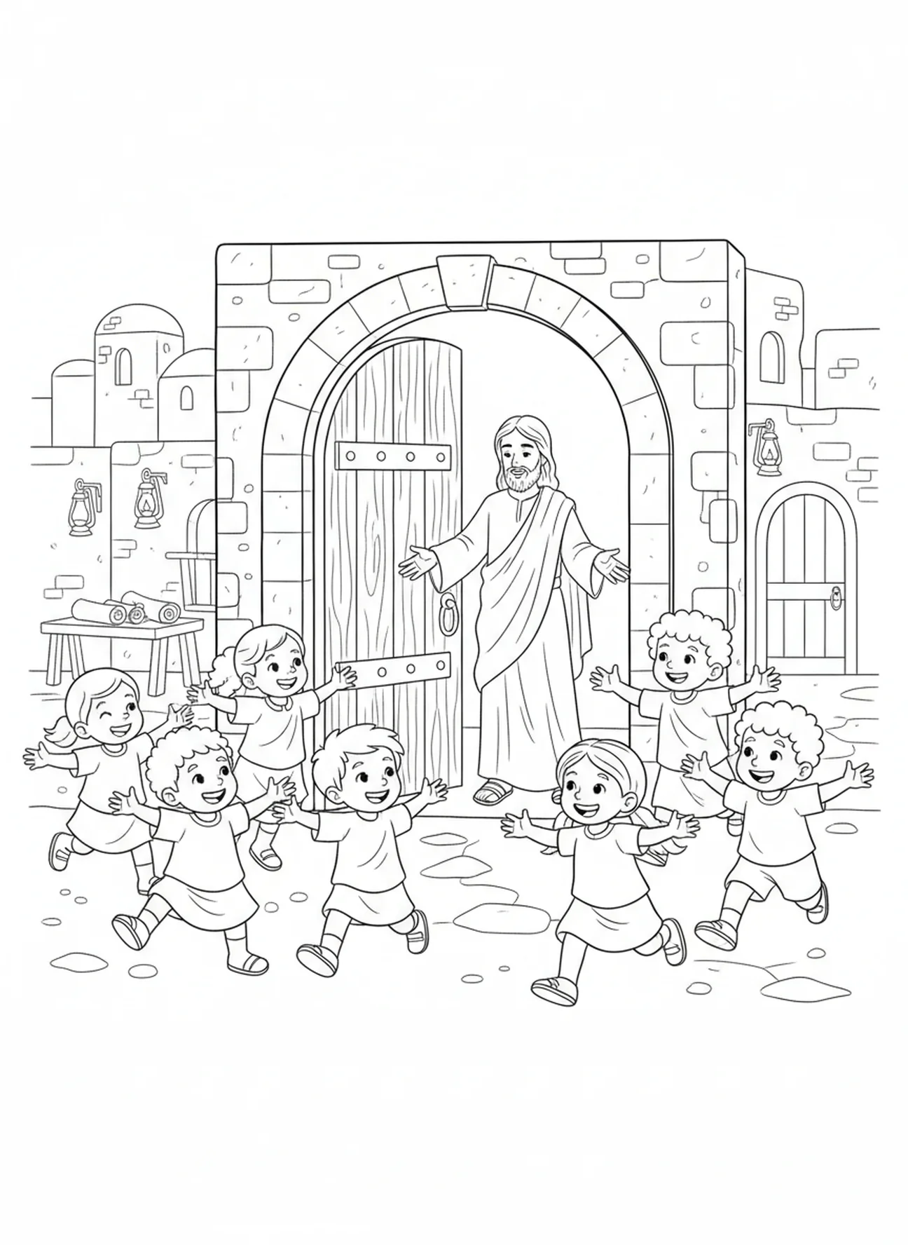 Crianças correndo para Jesus, Apocalipse 3:20 Página para colorir sobre Estar à Porta para crianças da Escola Dominical de 5 a 12 anos.
