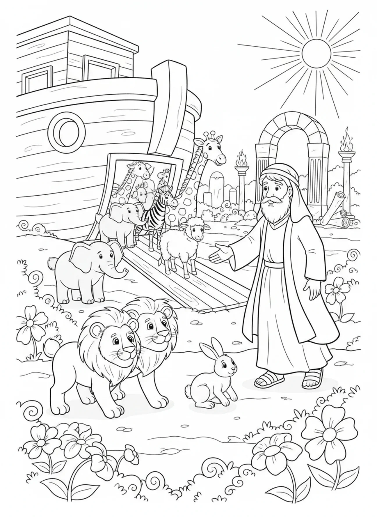 Leões e coelhos saindo da arca, página para colorir Romanos 12:2 para crianças da Escola Dominical de 5 a 12 anos.