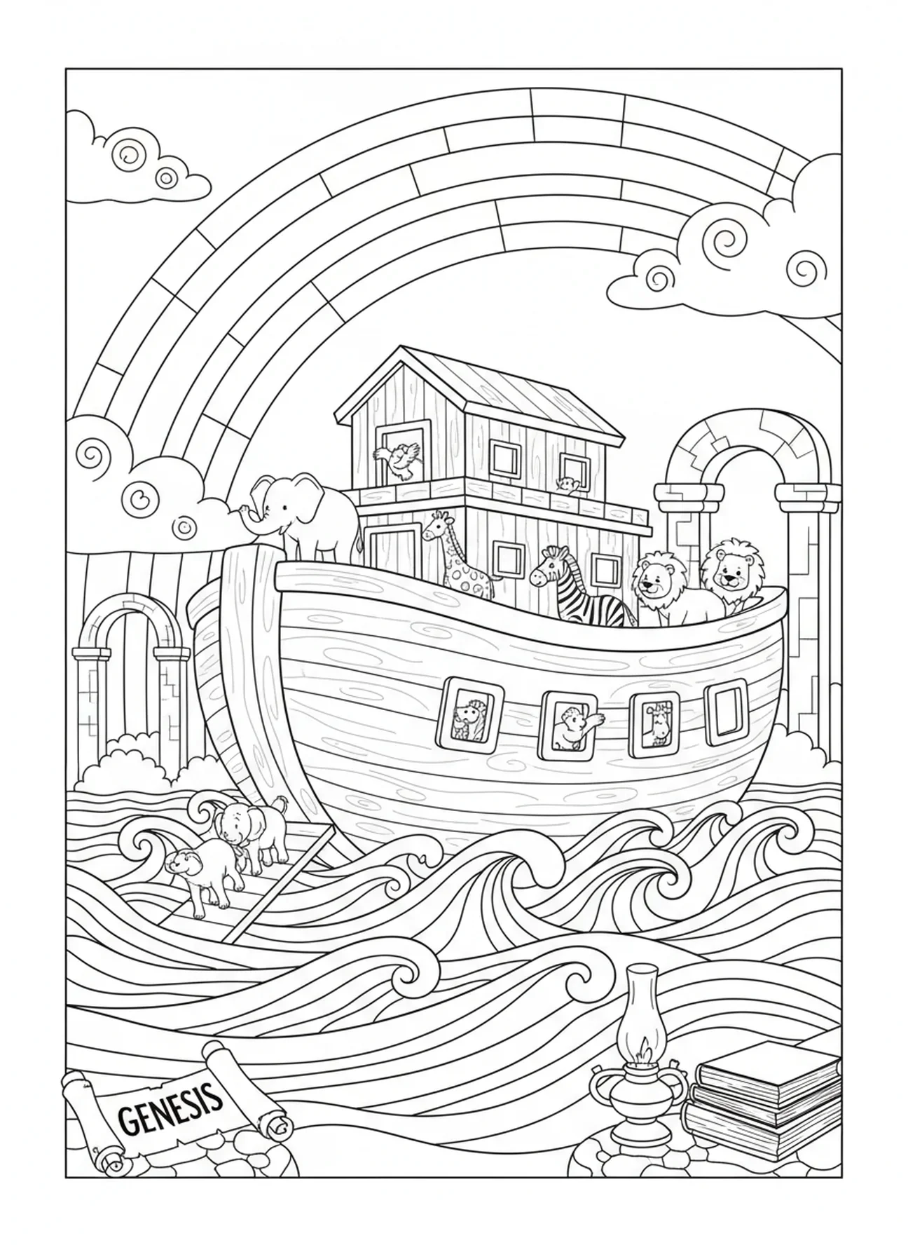 Arca sobre a água com arco-íris acima, página para colorir Romanos 12:2 para crianças da Escola Dominical de 5 a 12 anos.