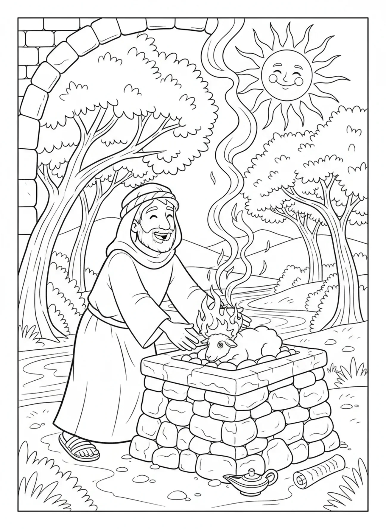 Noé oferecendo um sacrifício em um altar, página de colorir Romanos 12:2 para crianças da Escola Dominical de 5 a 12 anos.