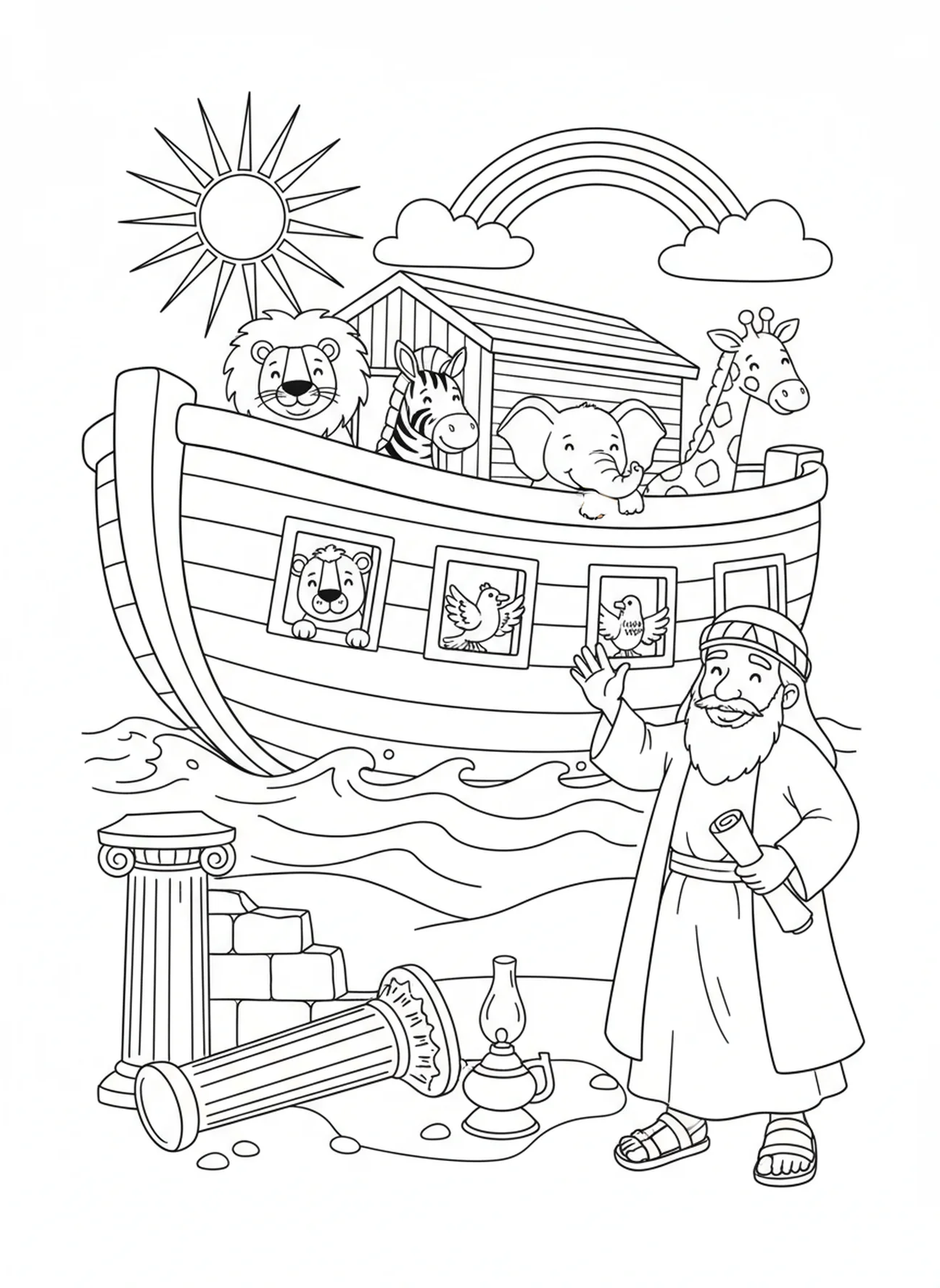Animais espiando da arca, página para colorir Romanos 15:13 para crianças da Escola Dominical de 5 a 12 anos