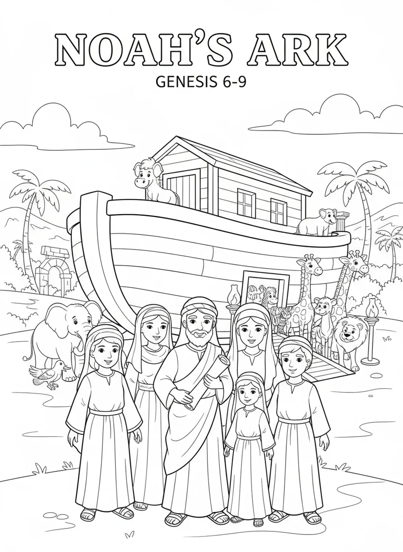 Noé e sua família, página de colorir Romanos 15:13 para crianças da Escola Dominical de 5 a 12 anos