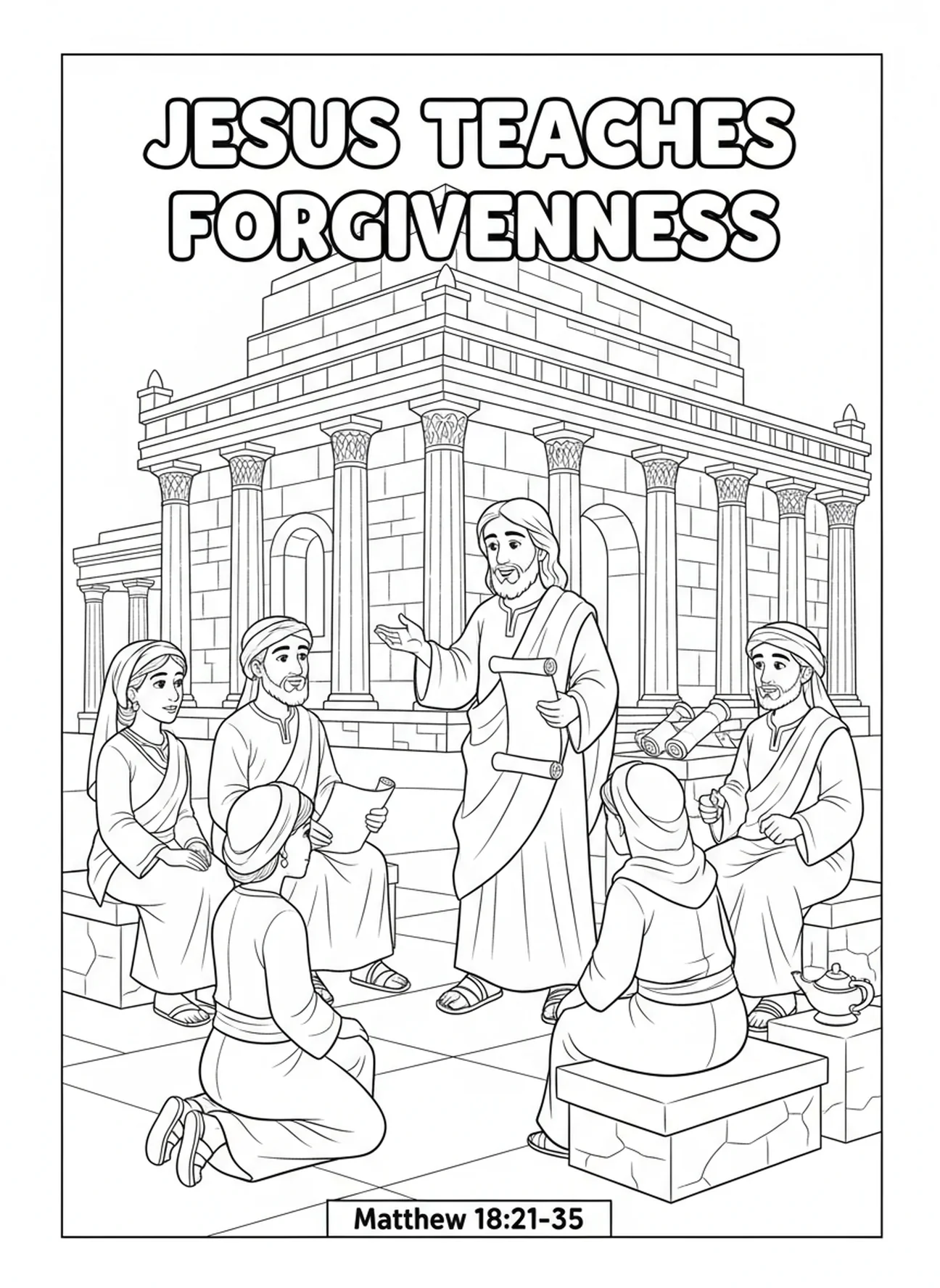 Jésus enseignant le pardon, Romains 5:8 Page à colorier pour les enfants de l'École du dimanche âgés de 5 à 12 ans.