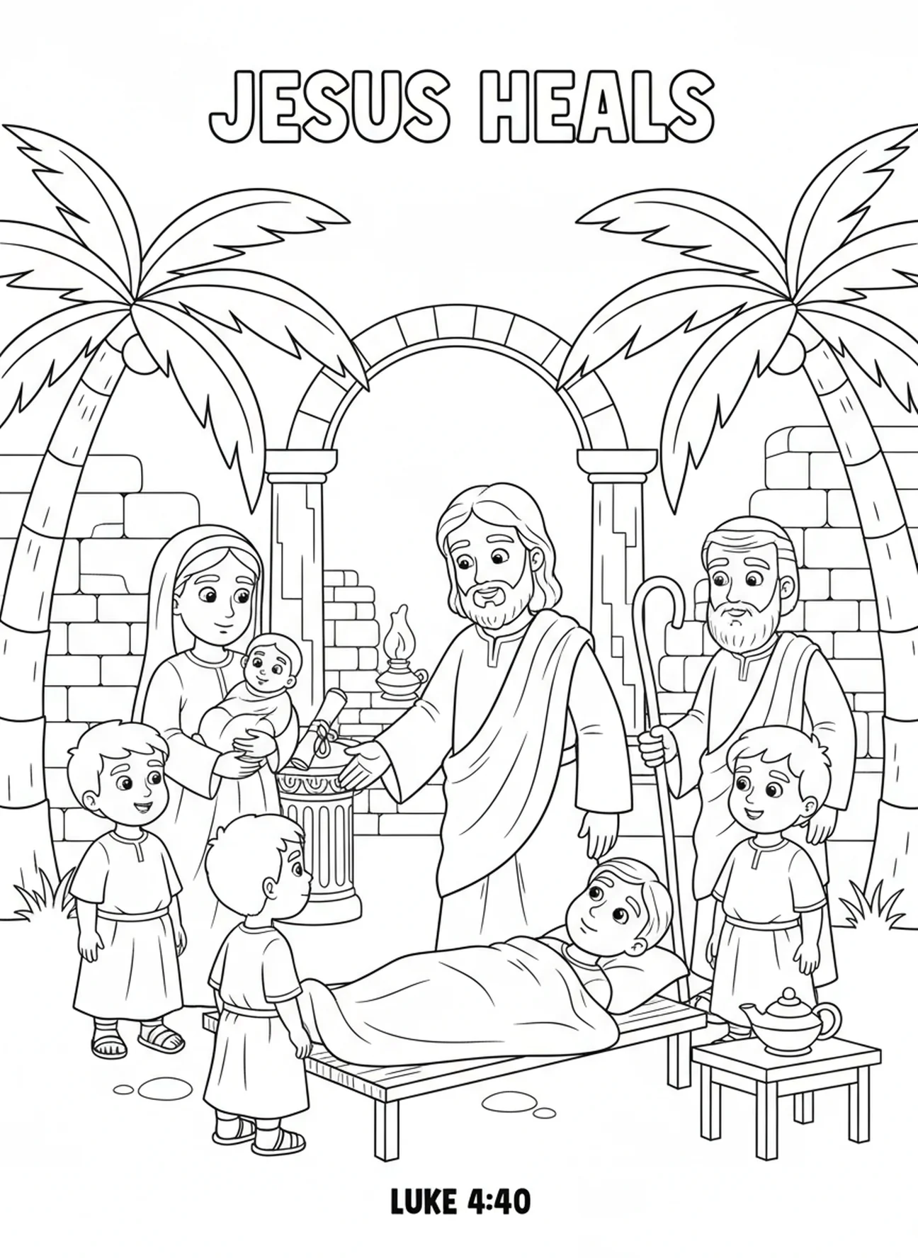 Jésus guérissant un malade, Romains 5:8 Tout en étant pécheurs page à colorier pour les enfants de l'École du dimanche âgés de 5 à 12 ans.