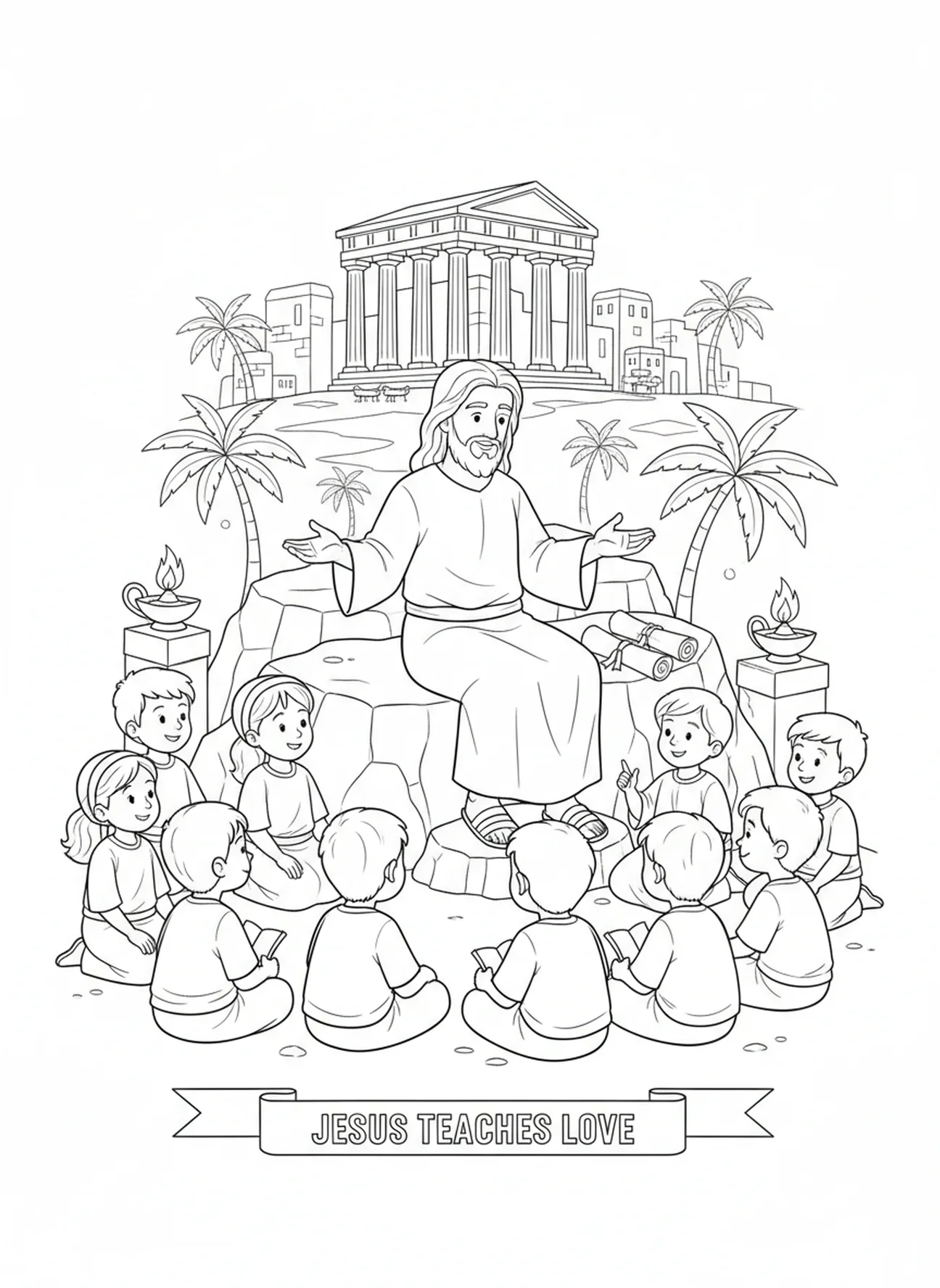 Jésus enseignant aux enfants l'amour, Romains 5:8, page à colorier pour l'École du dimanche pour les enfants de 5 à 12 ans.