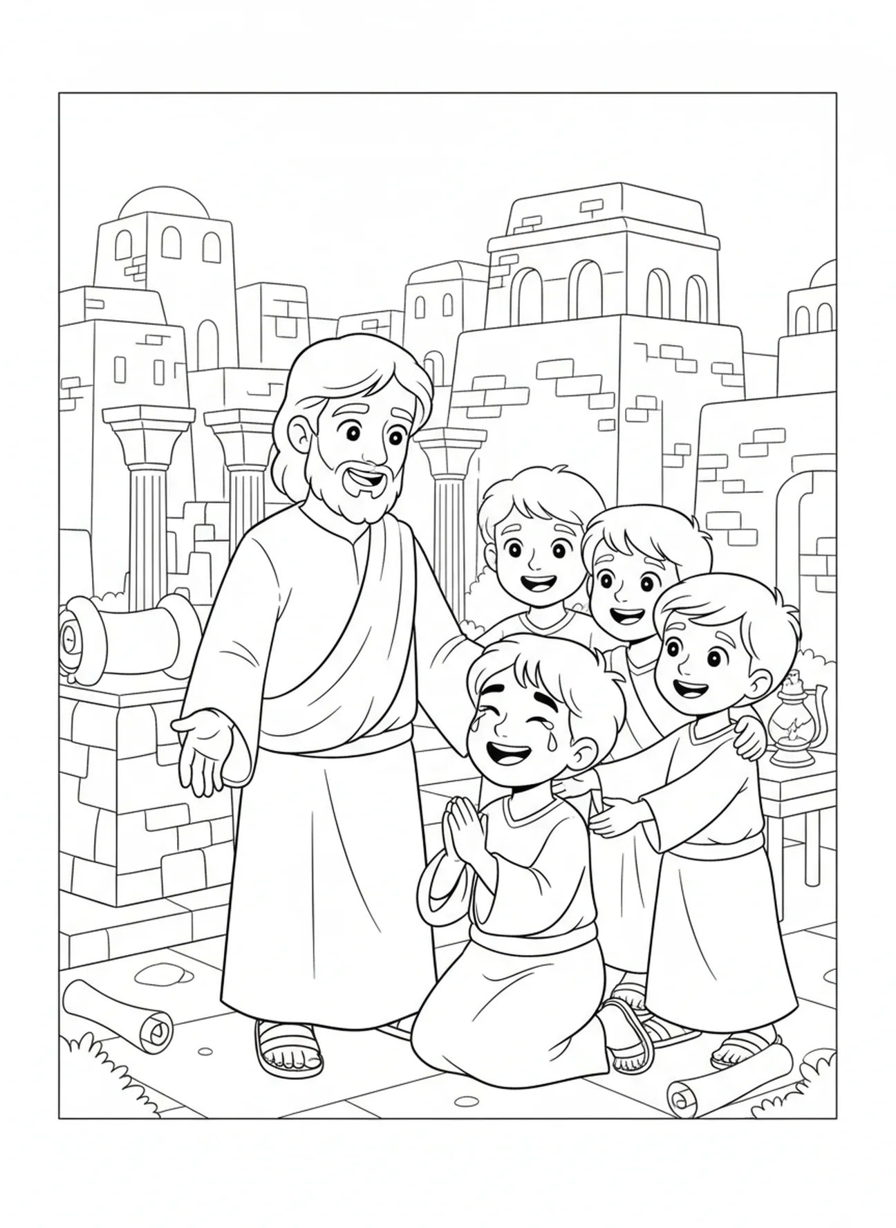 Pécheur se repentant joyeusement devant Jésus, Romains 5:8 Page à colorier pour les enfants de l'École du dimanche âgés de 5 à 12 ans.