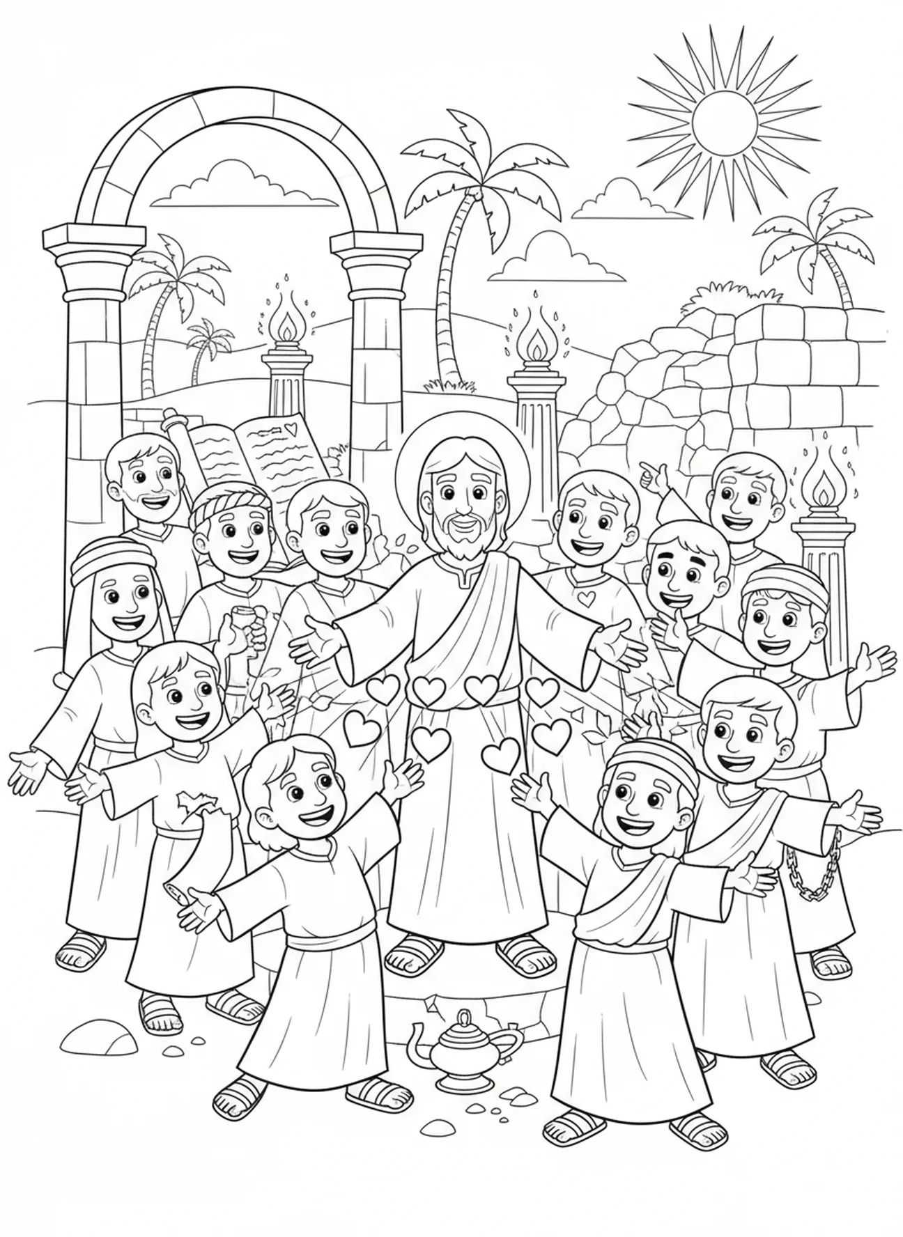 Des pécheurs recevant l'amour de Jésus, Romains 5:8 Page à colorier pour les enfants de l'École du dimanche âgés de 5 à 12 ans.