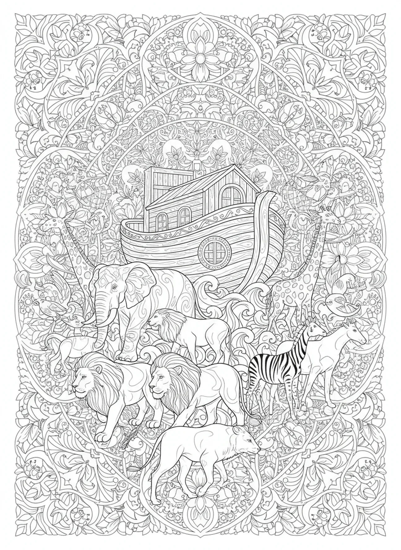 Pares de animales acercándose al arca, Romanos 8:28 página para colorear estilo de journaling bíblico para adultos.