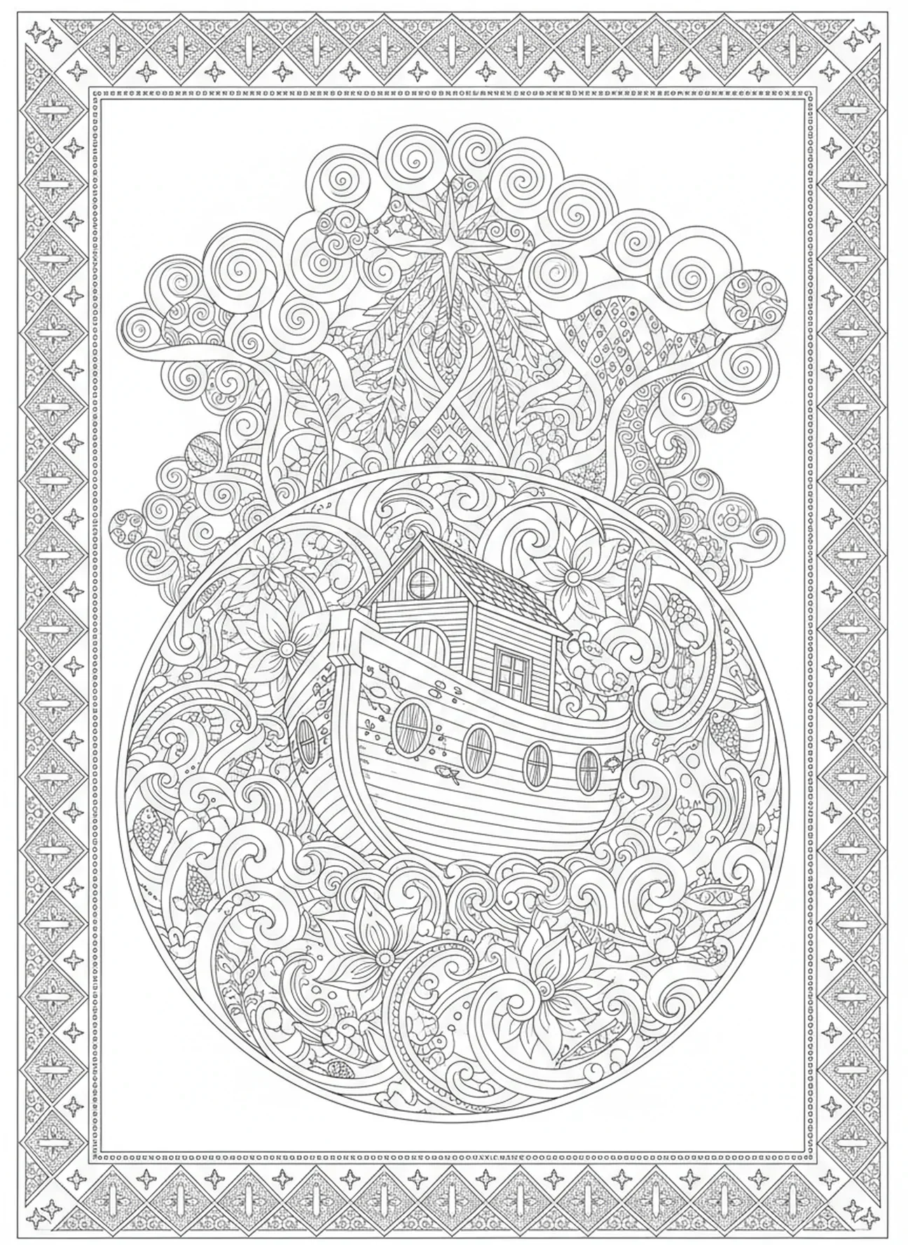 Arca ornamentada flotando en aguas turbulentas, Romanos 8:28 página para colorear estilo journaling bíblico para adultos.