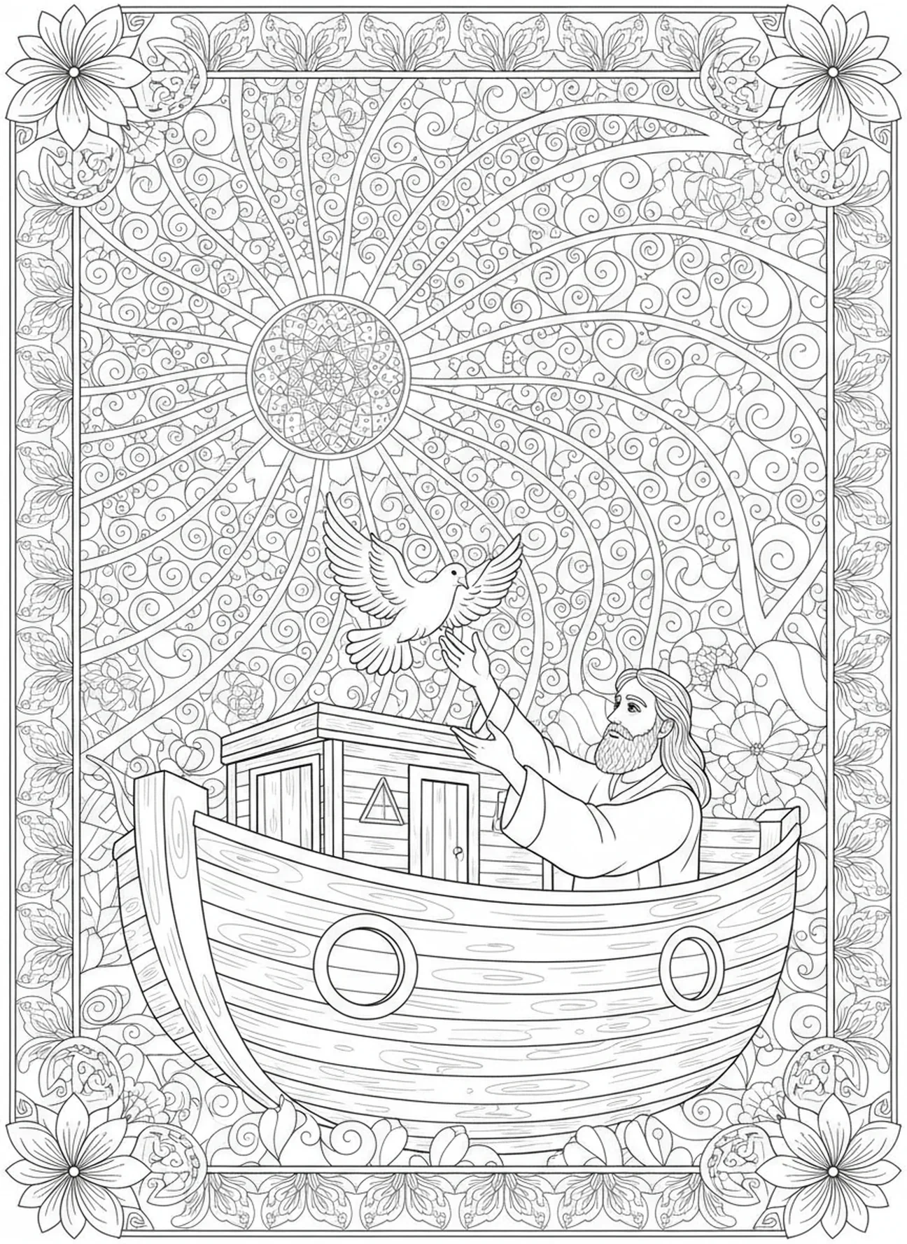 Noé soltando una paloma al cielo, página para colorear Romanos 8:28 estilo de journaling bíblico para adultos.