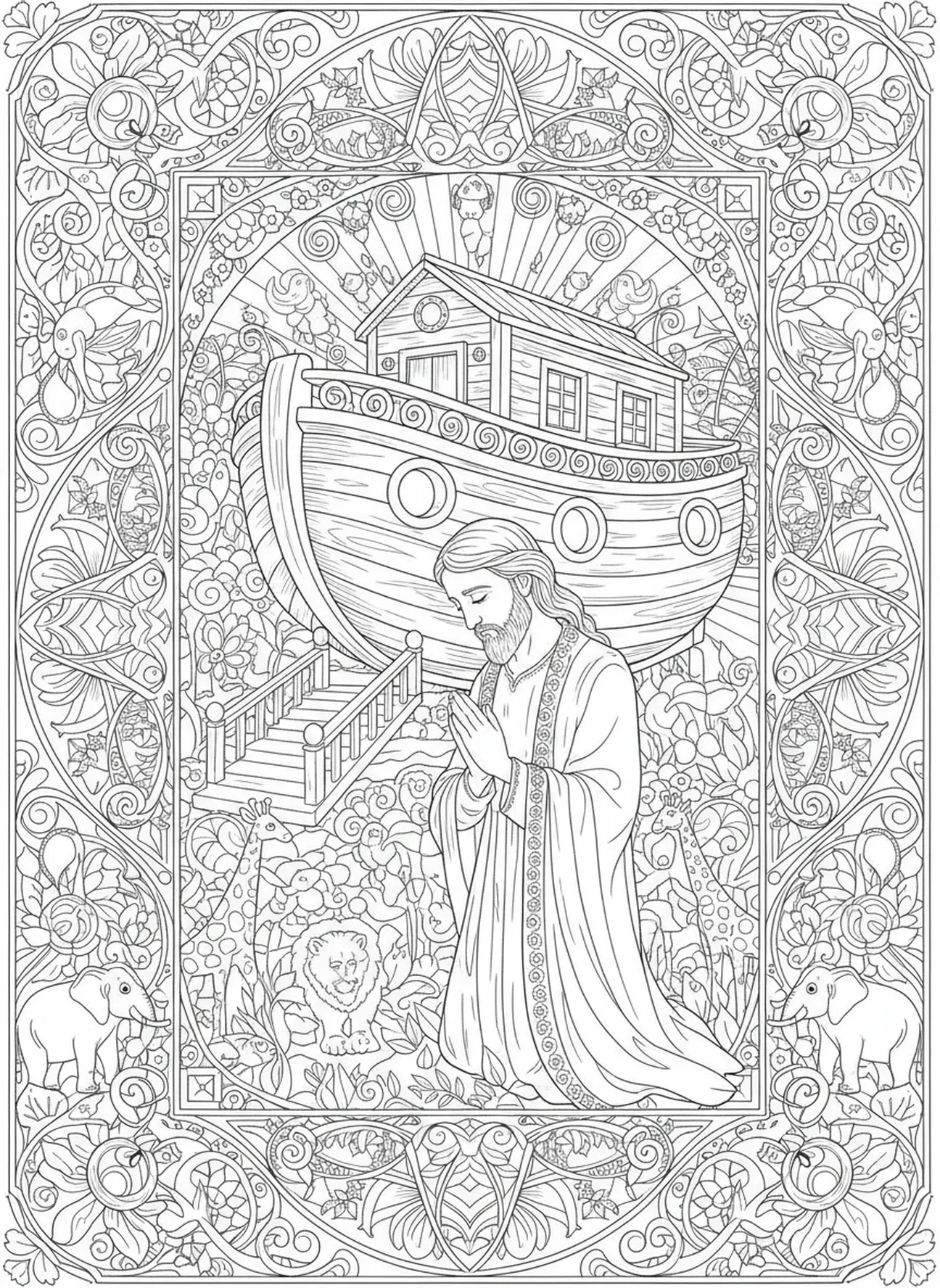 Noé en oración de agradecimiento, Romanos 8:28 página para colorear estilo journaling bíblico para adultos.