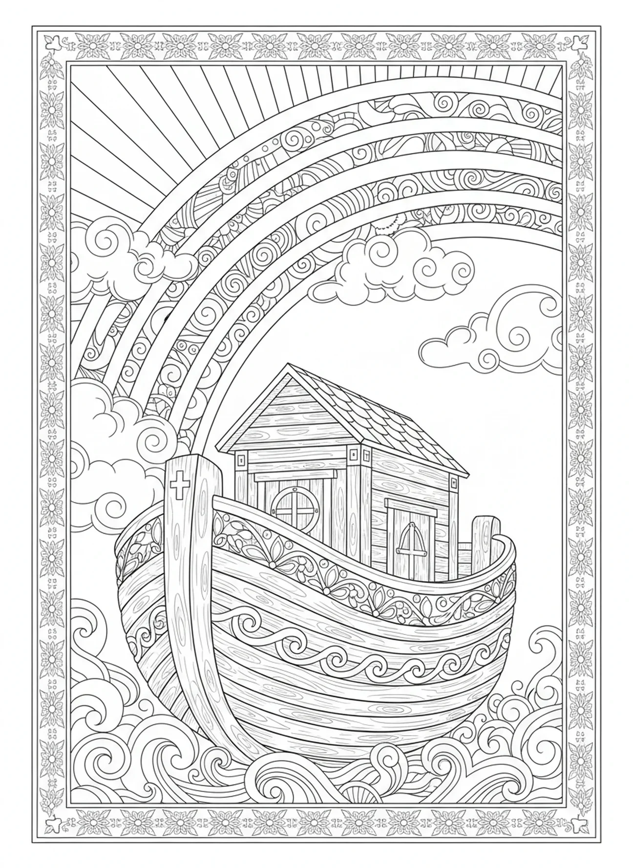 Arcoíris sobre el arca, página para colorear Romanos 8:28 estilo journaling bíblico para adultos.