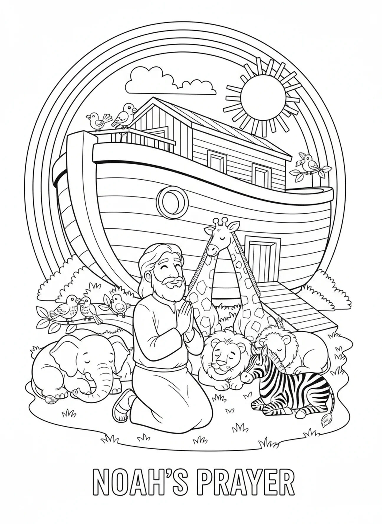 Noé orando junto al arca, Romanos 8:28 página para colorear para niños de 5 a 10 años