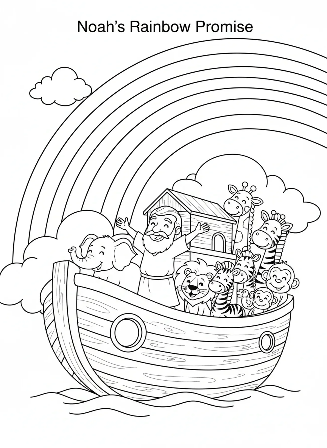 Arcoíris sobre el arca de Noé, página para colorear Romanos 8:28 para niños de 5 a 10 años