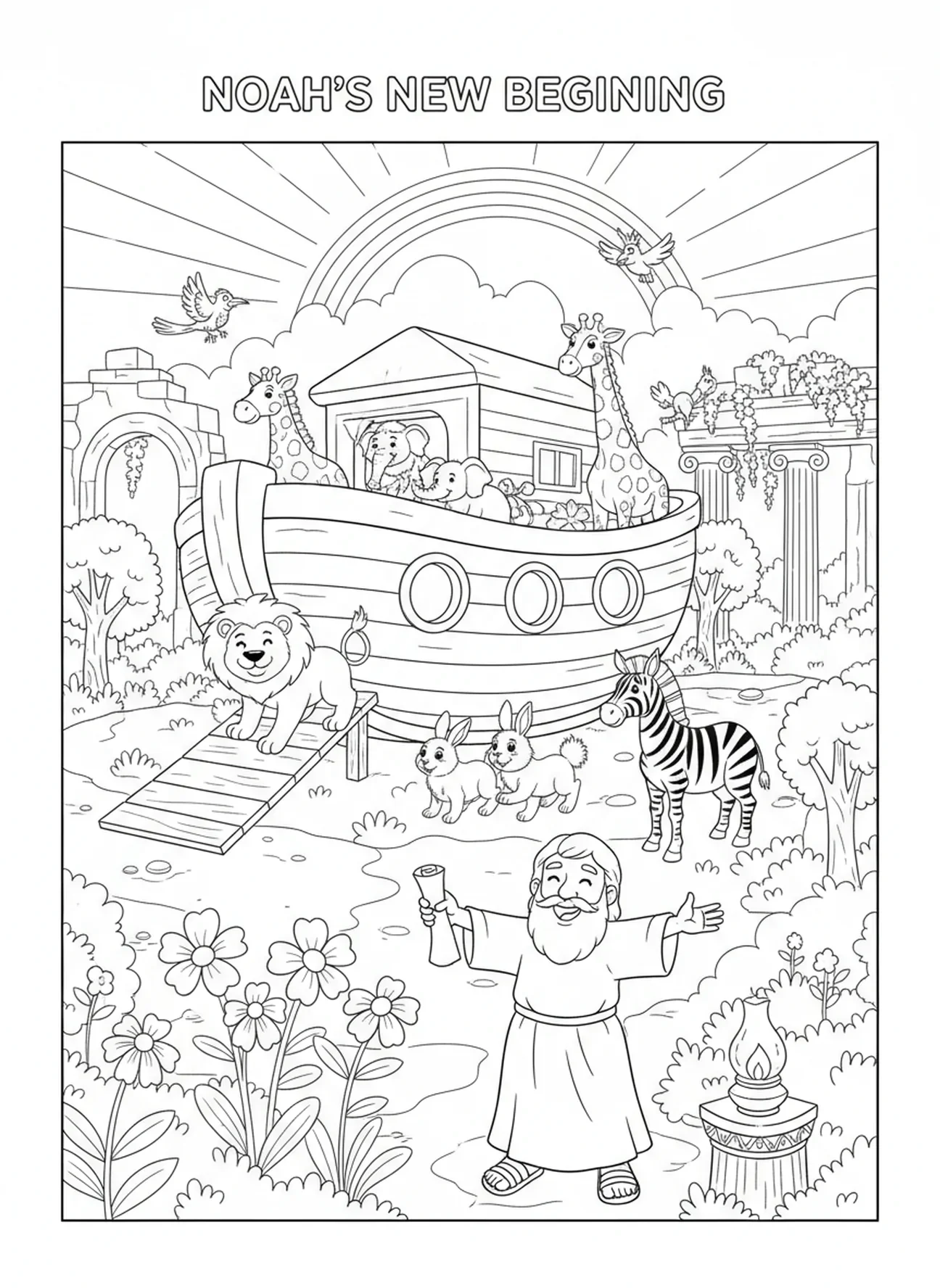 Animais saindo da arca, página para colorir Romanos 8:28 para crianças da Escola Dominical de 5 a 12 anos.