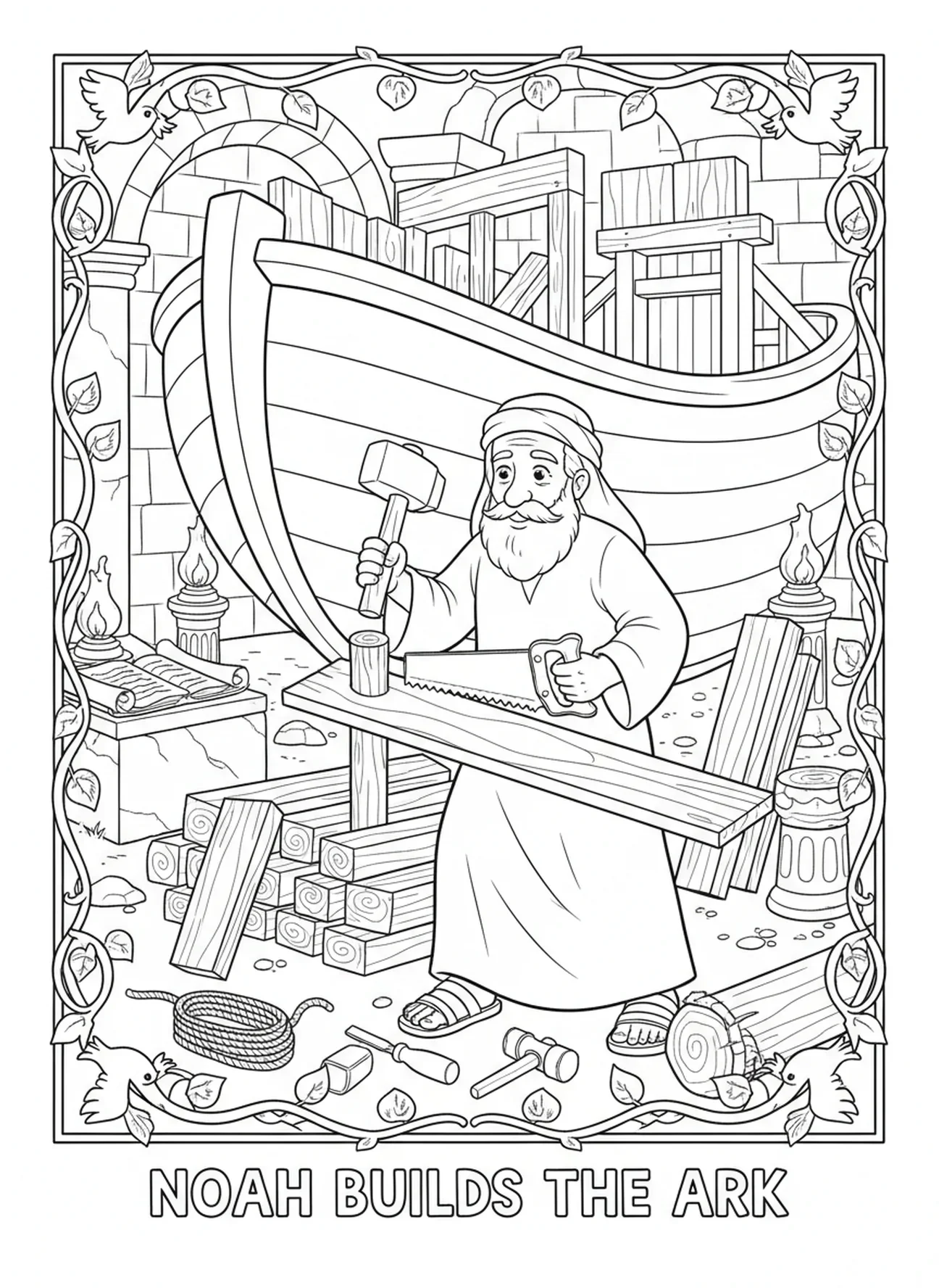 Noé construindo a arca, página para colorir Romanos 8:28 para crianças da Escola Dominical de 5 a 12 anos.