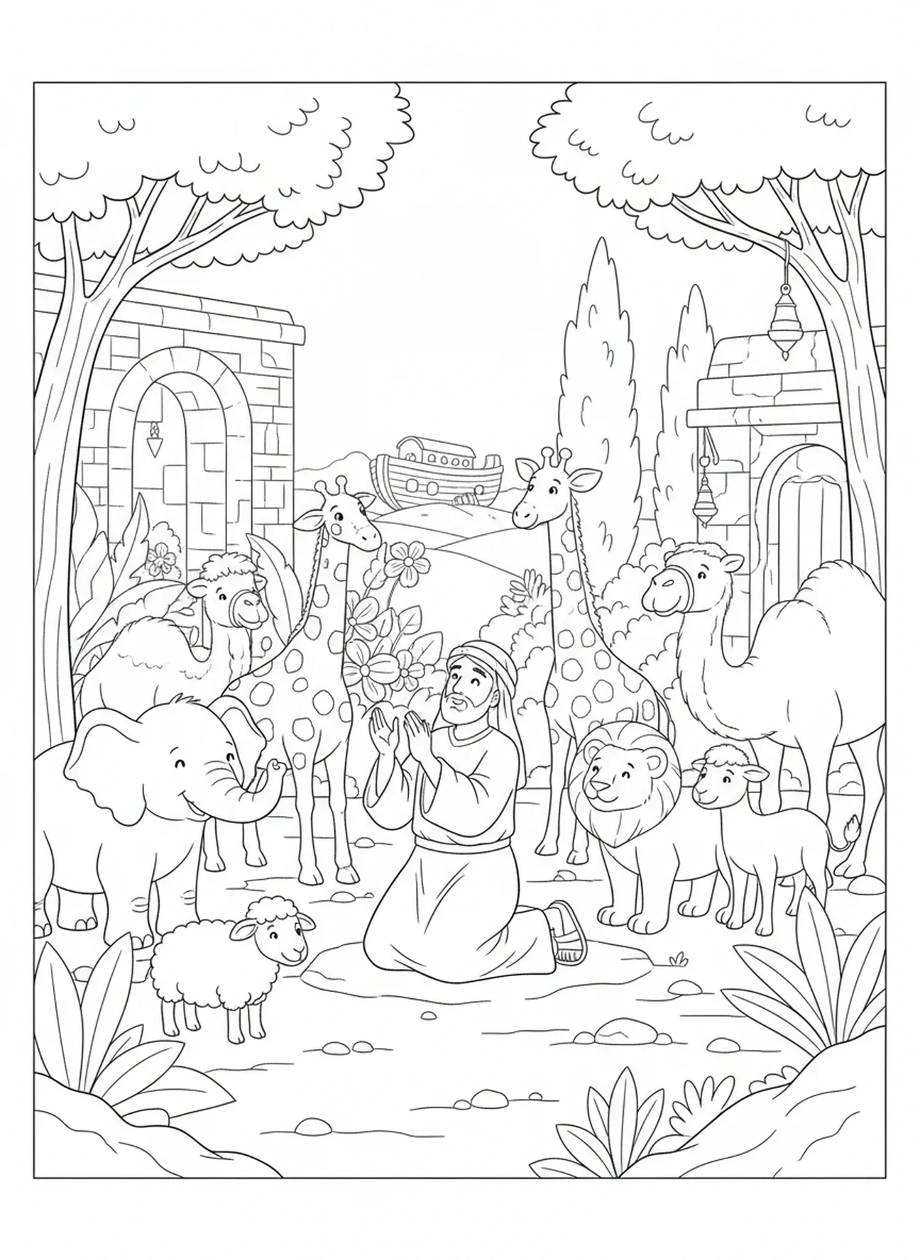 Noé orando em gratidão, página para colorir Romanos 8:28 para crianças da Escola Dominical de 5 a 12 anos.
