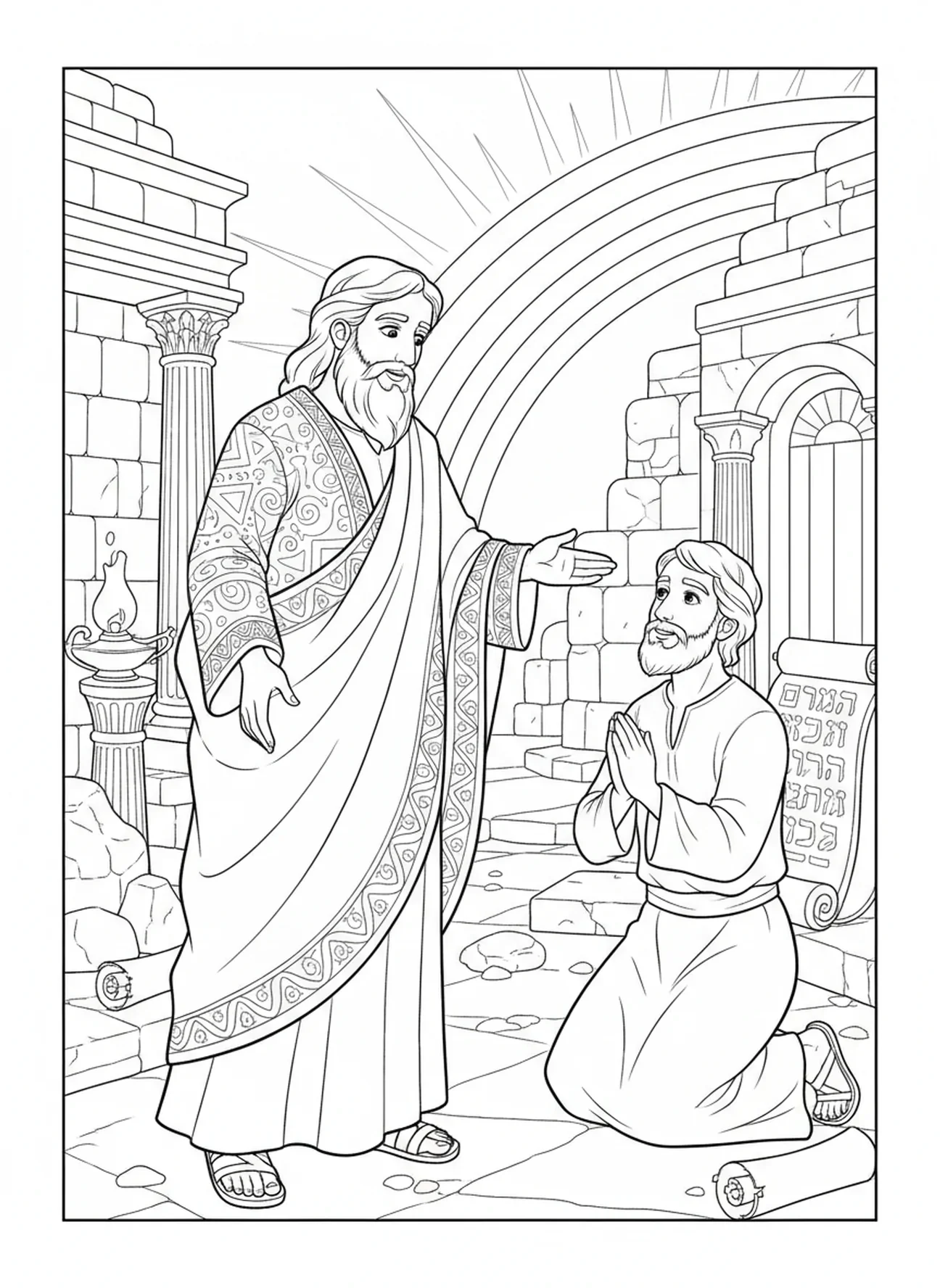 Deus falando com Noé, página para colorir Romanos 8:28 para crianças da Escola Dominical de 5 a 12 anos.