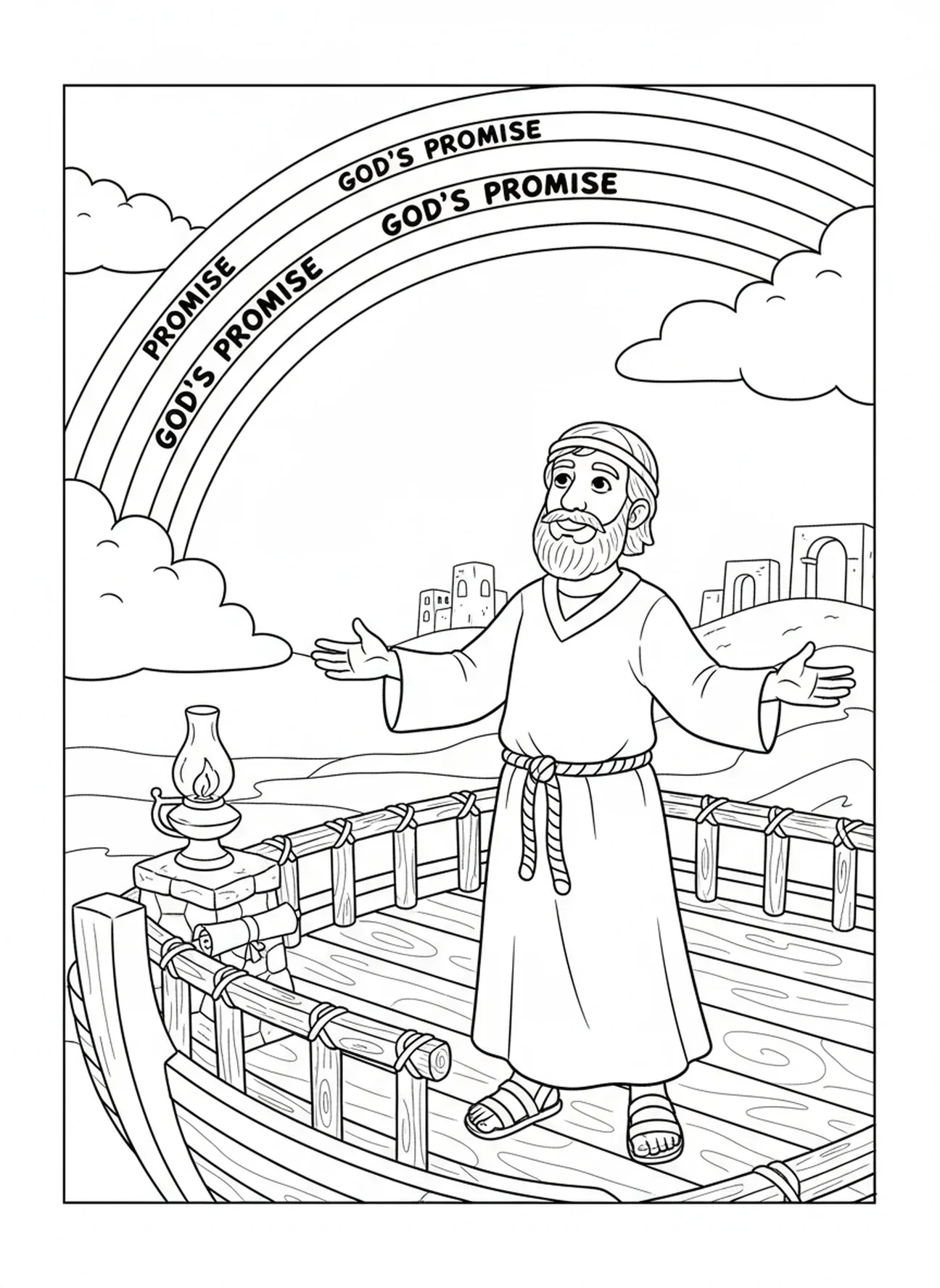 Noé observando o arco-íris, página de colorir Romanos 8:28 para crianças da Escola Dominical de 5 a 12 anos.