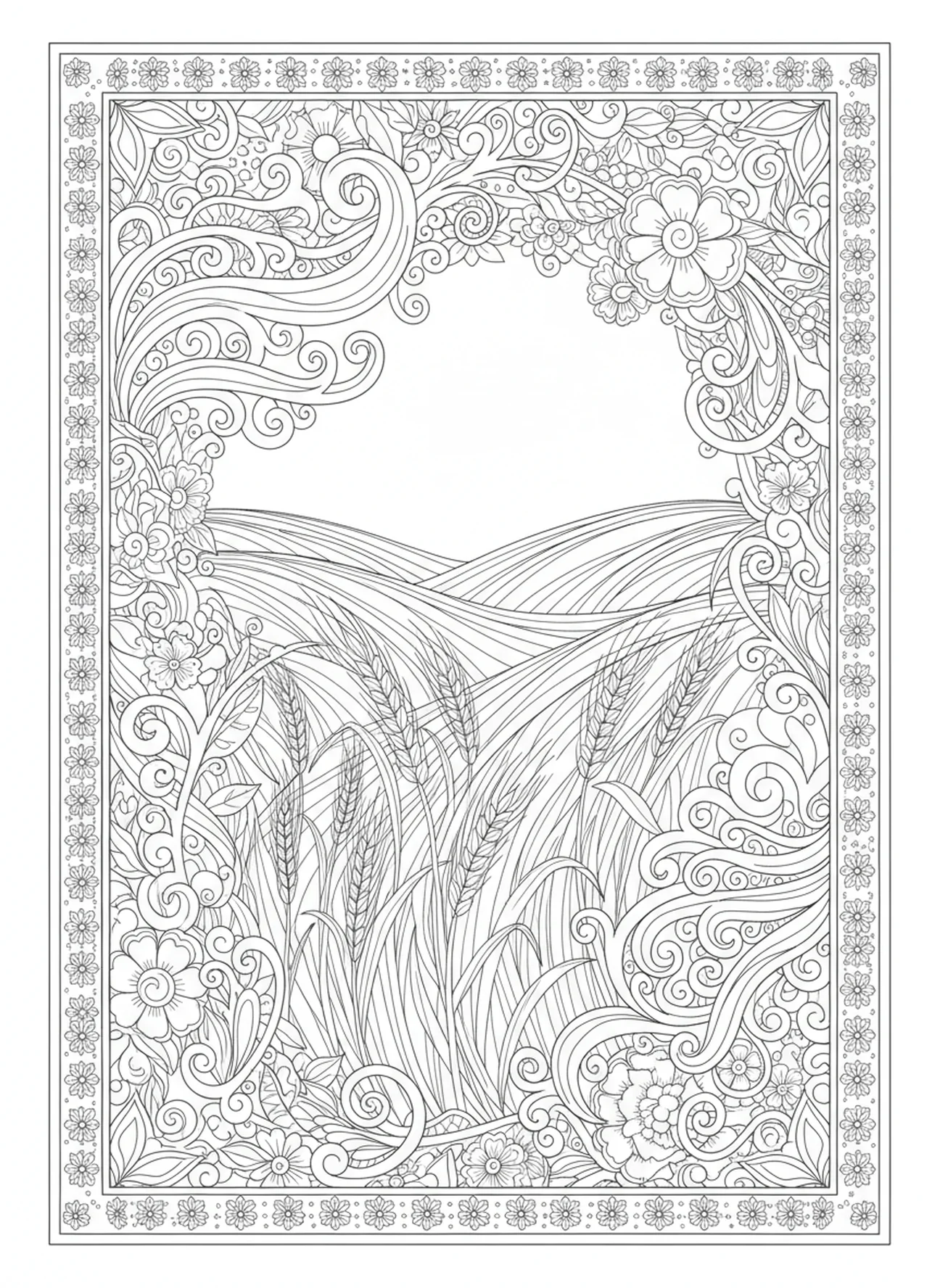 Getreidefelder mit kunstvollen Mustern, Salz der Erde Ausmalbild für Erwachsene im Stil des Bibeljournaling