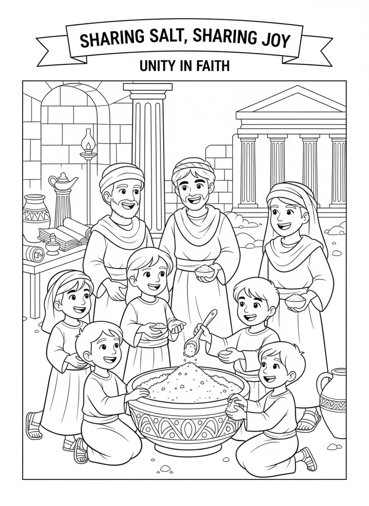 Partage de sel en communauté, page à colorier Sel de la Terre pour les enfants de l'École du dimanche âgés de 5 à 12 ans.
