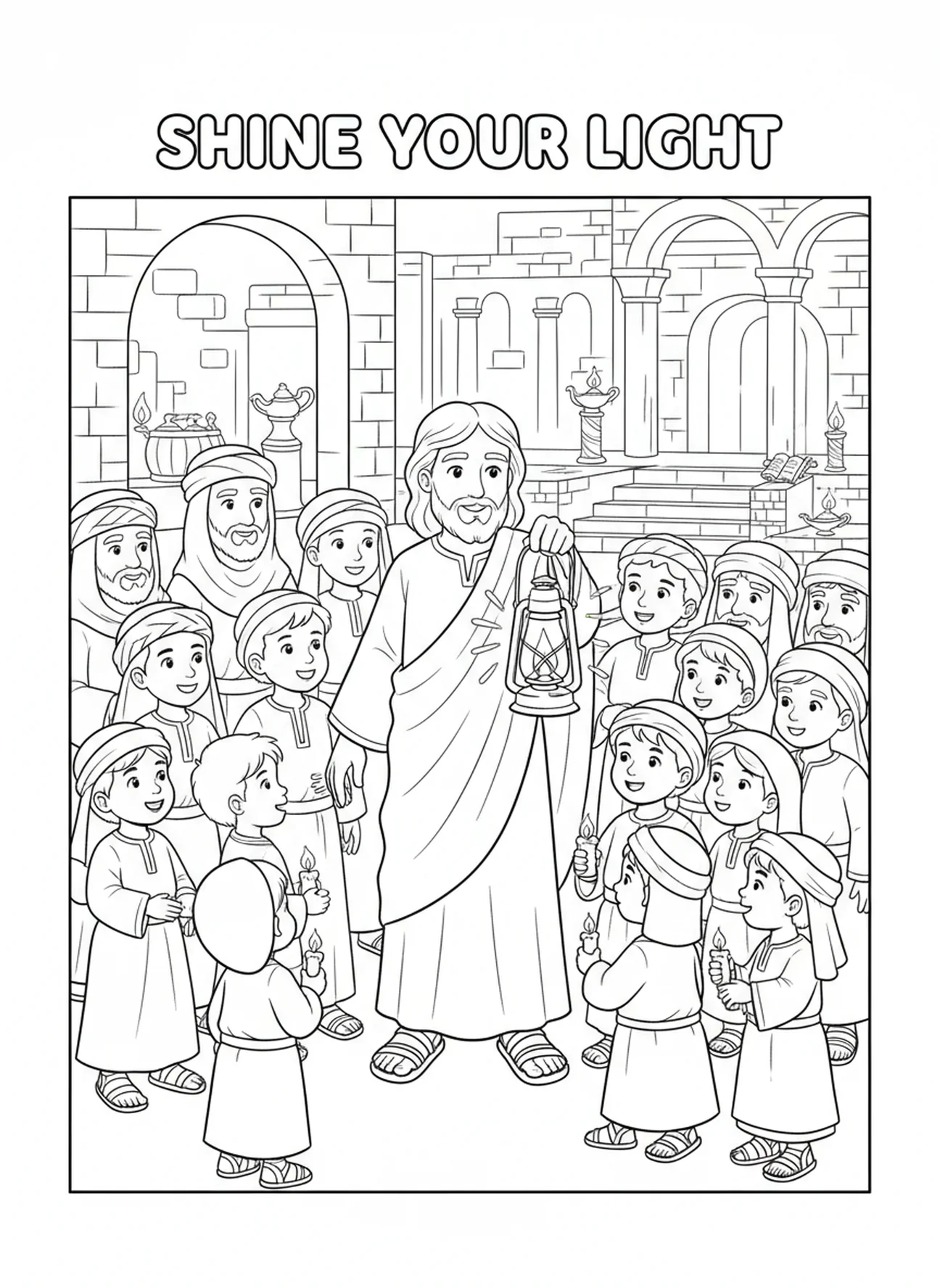 Jésus avec une lanterne, page à colorier Sel de la Terre pour les enfants de l'École du dimanche âgés de 5 à 12 ans.