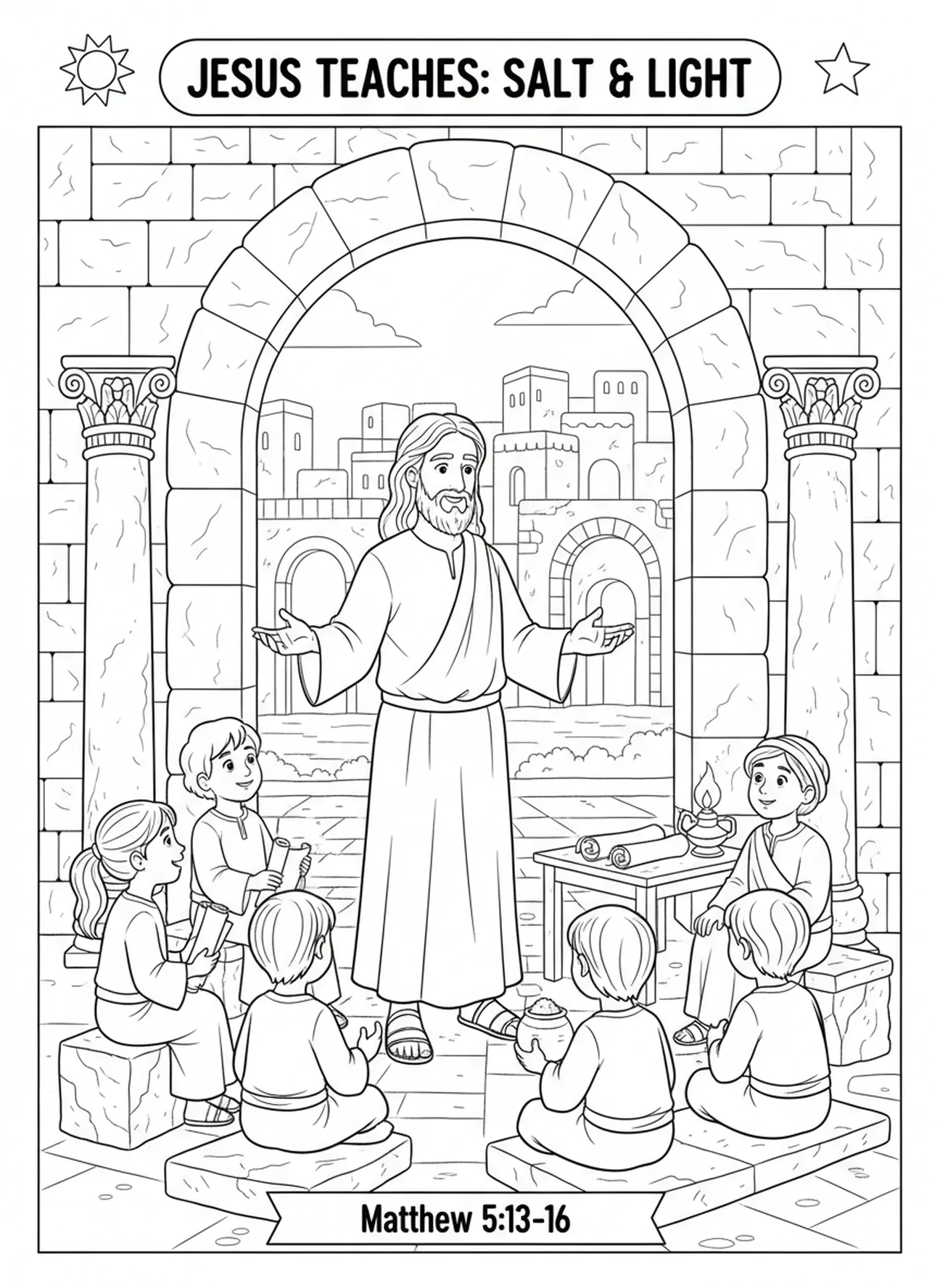 Enfants écoutant Jésus, page à colorier sur le Sel de la Terre pour les enfants de l'École du dimanche âgés de 5 à 12 ans.