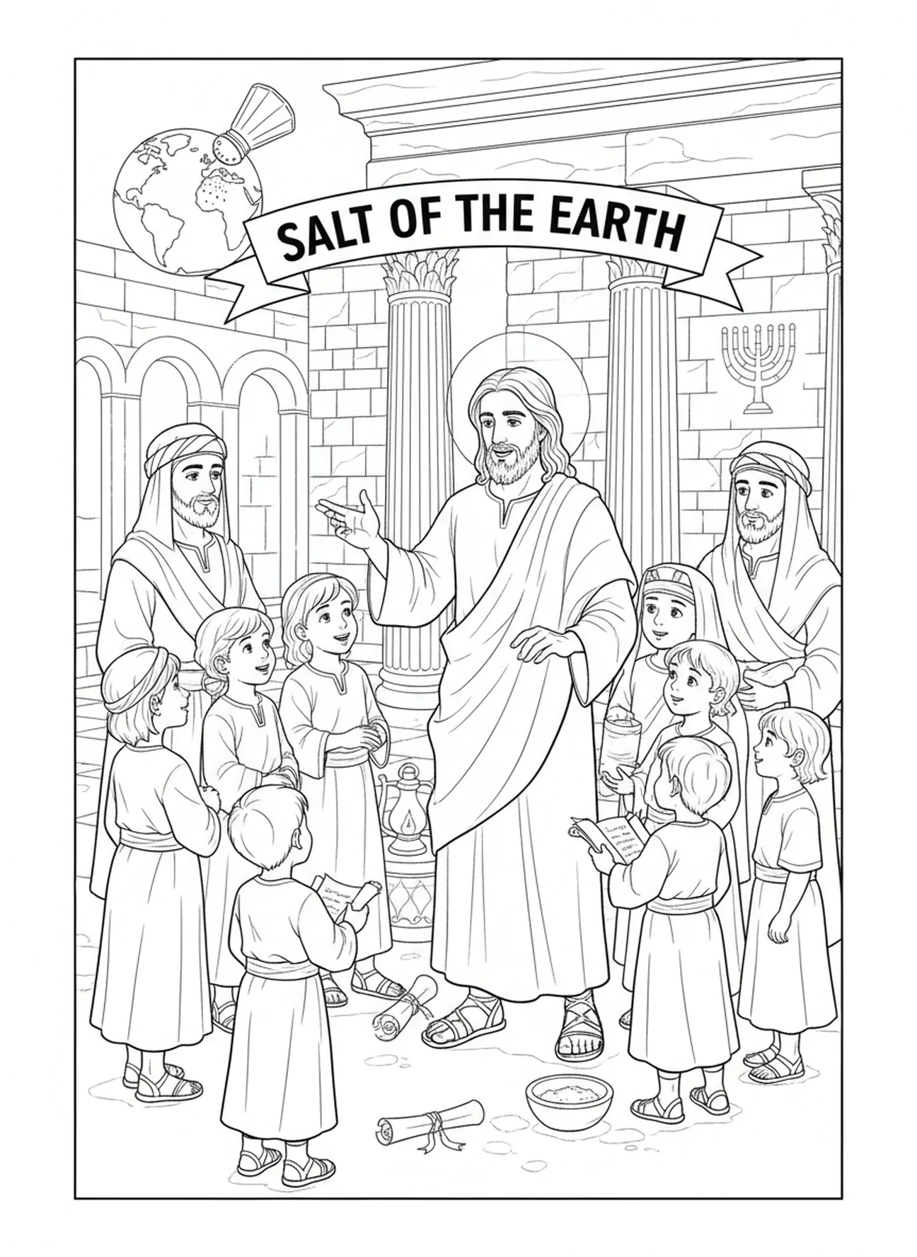Jésus enseignant la leçon du sel, page à colorier Le Sel de la Terre pour les enfants de l'École du dimanche âgés de 5 à 12 ans.